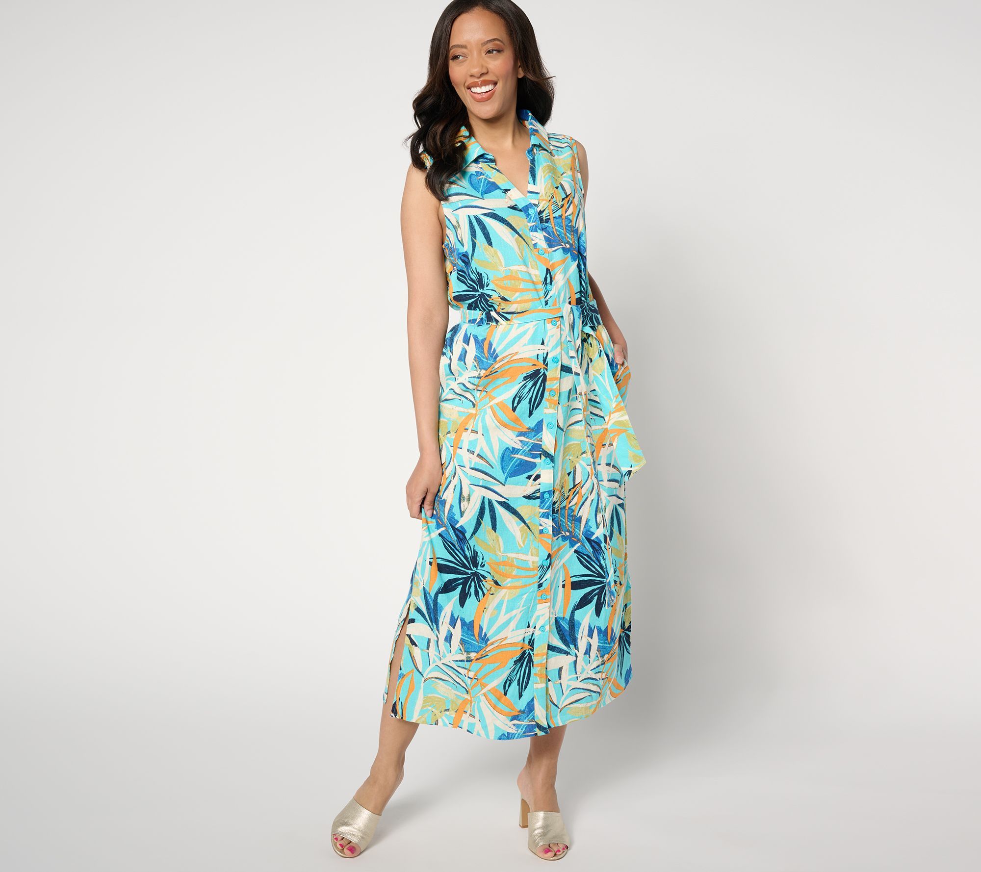 Denim & Co. Women's Petite Dress P2XS Naturals Printed Multi-colored A644447