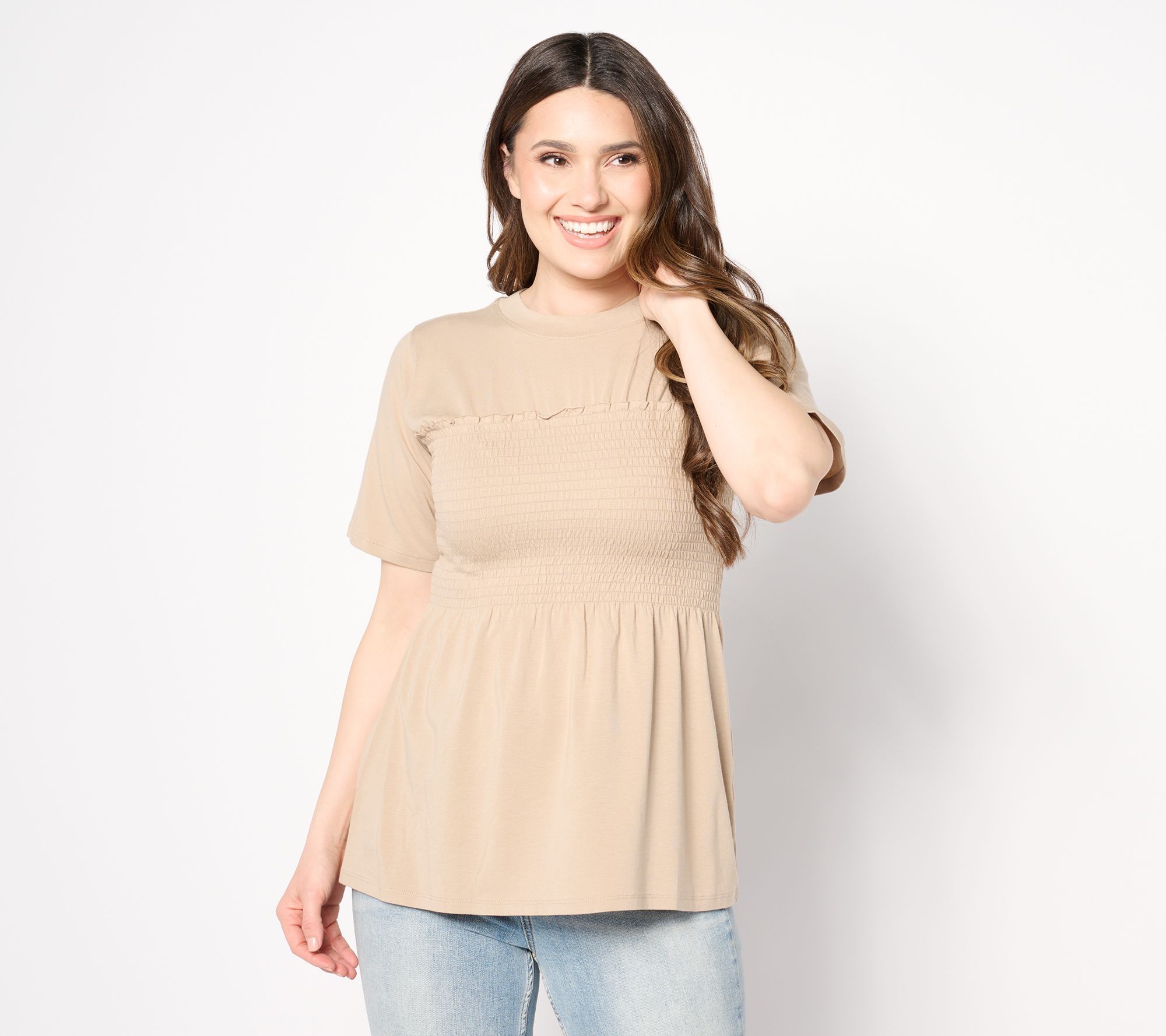 Studio Park Women's Top Sz L Ruched Peplum T-Shirt Brown A645617