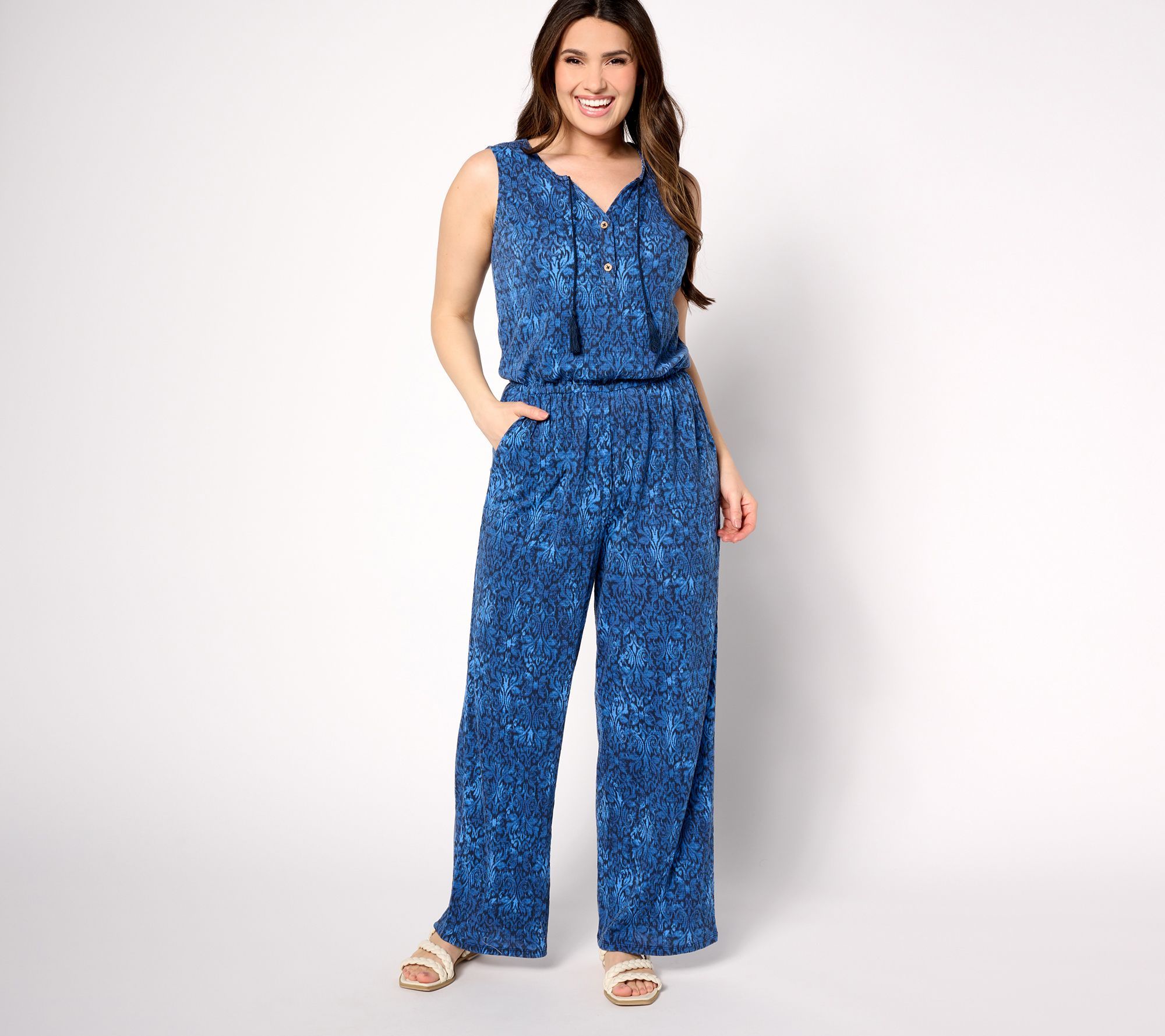 Denim & Co. Women's Plus Sz Dress 2X Beach Regular Knit Sleeveless Blue A647313