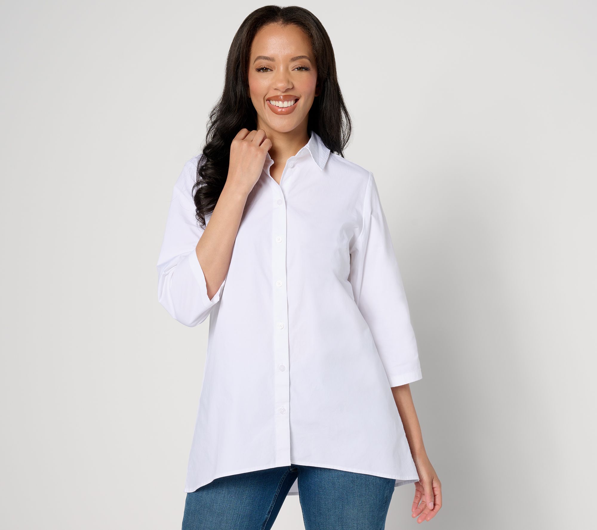 Denim & Co. Women's Top Plus Sz 1X High LoButton Down A-Line Tunic White A647368