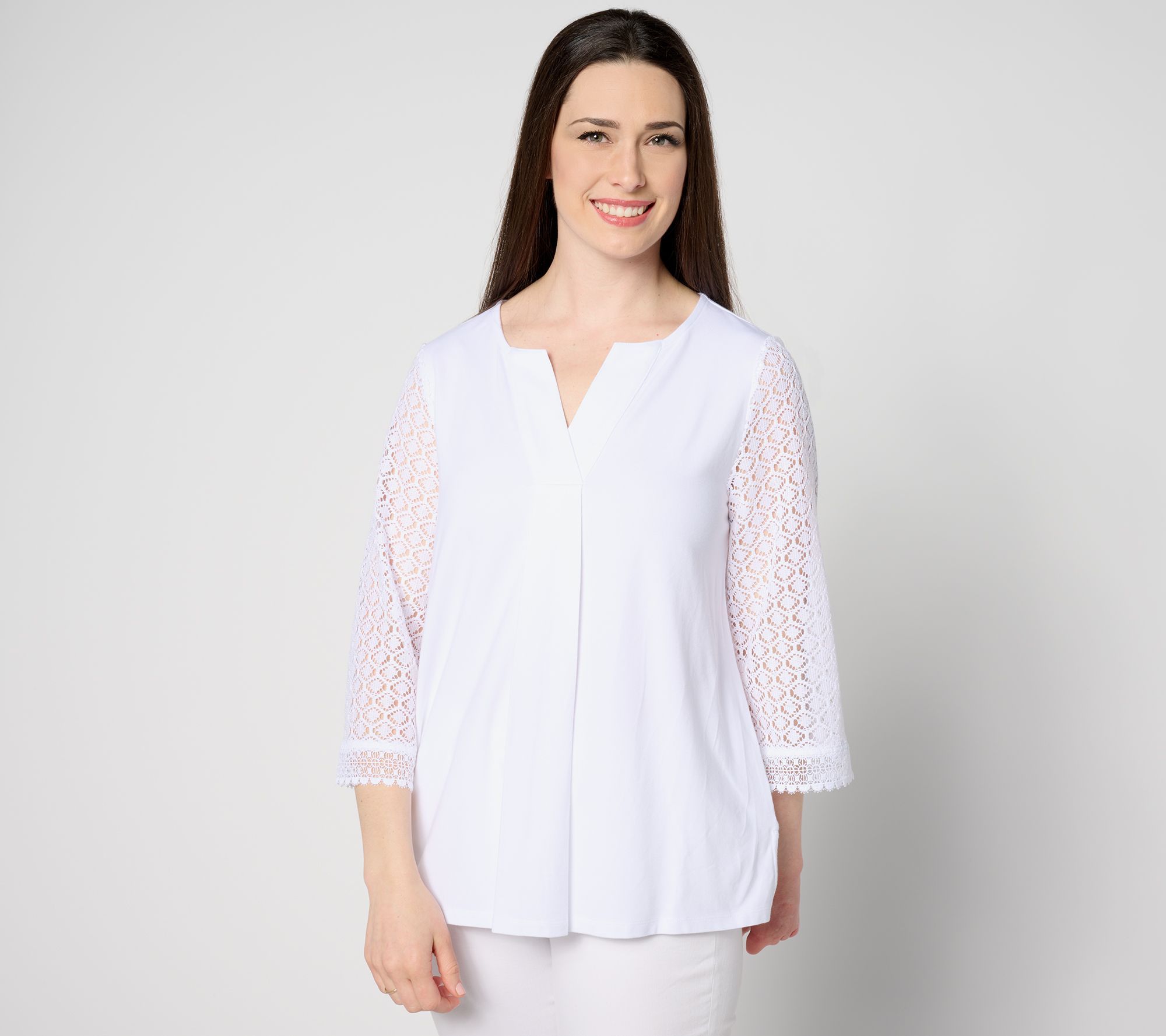 Isaac Mizrahi Live! Women's Top Plus Sz 1X Split Neck Sleeve Pleat White A647684