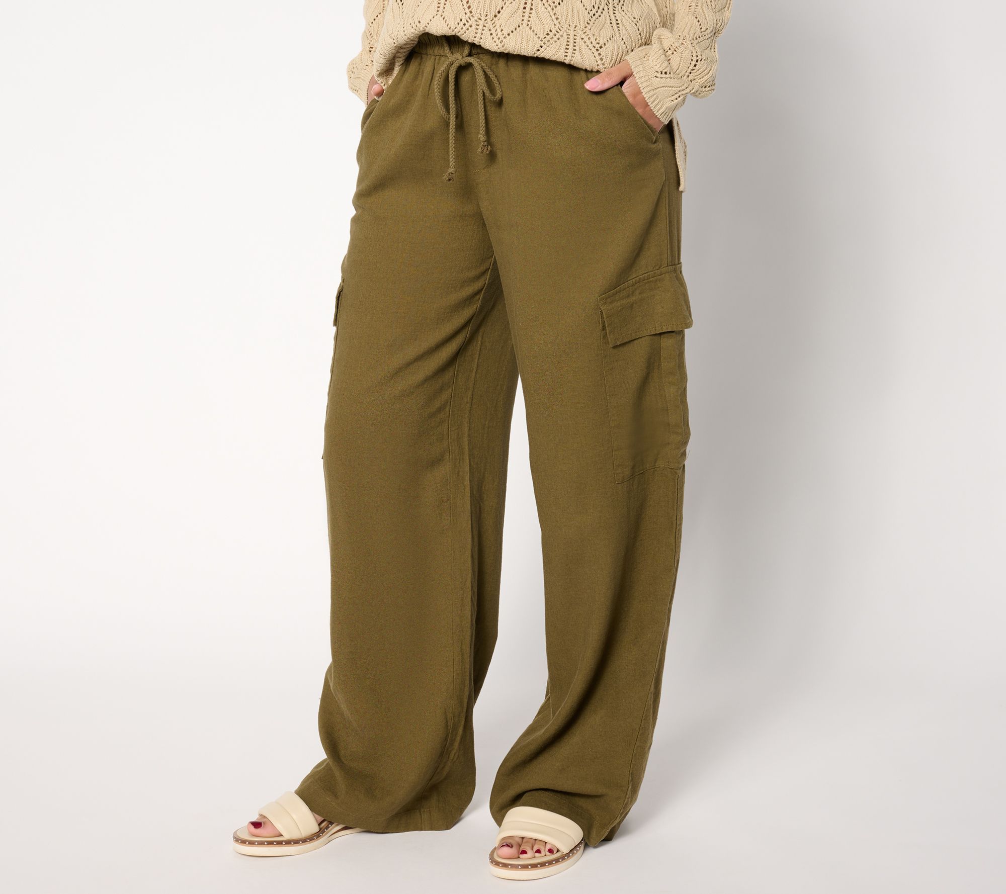 Peace Love World Women's Pants Sz L Boheme Cargo Linen Green A647952