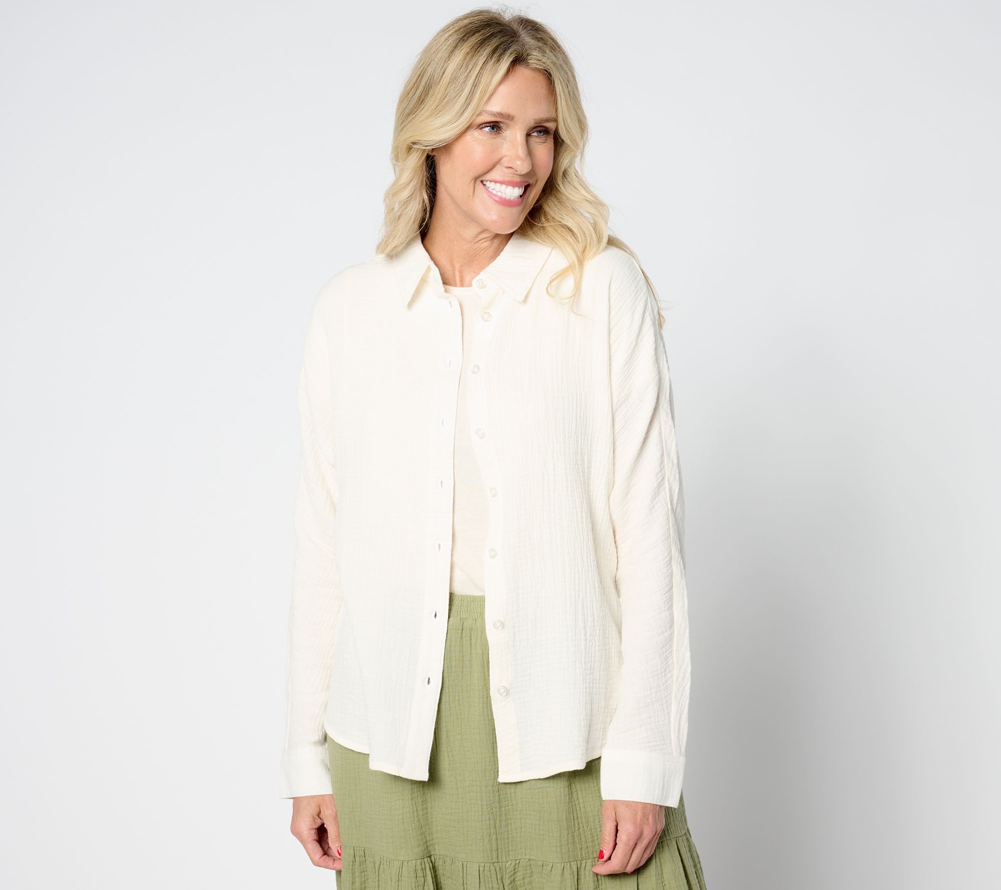 Studio Park Women's Top Sz L Cotton Gauze Button Front Shirt White A648601