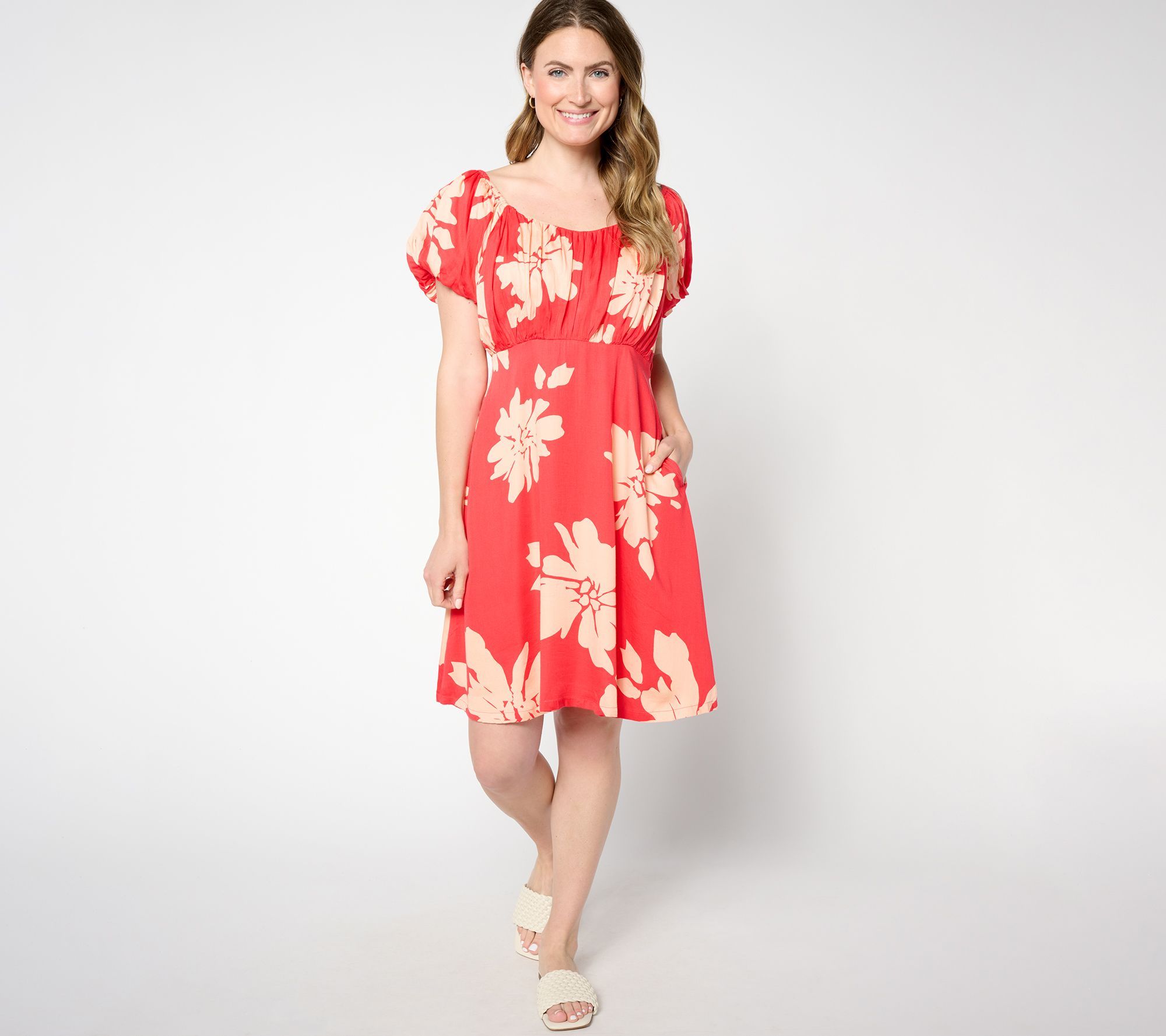 Anybody Women's Petite Dress PL Woven Printed Puff Sleeve Pink A648740