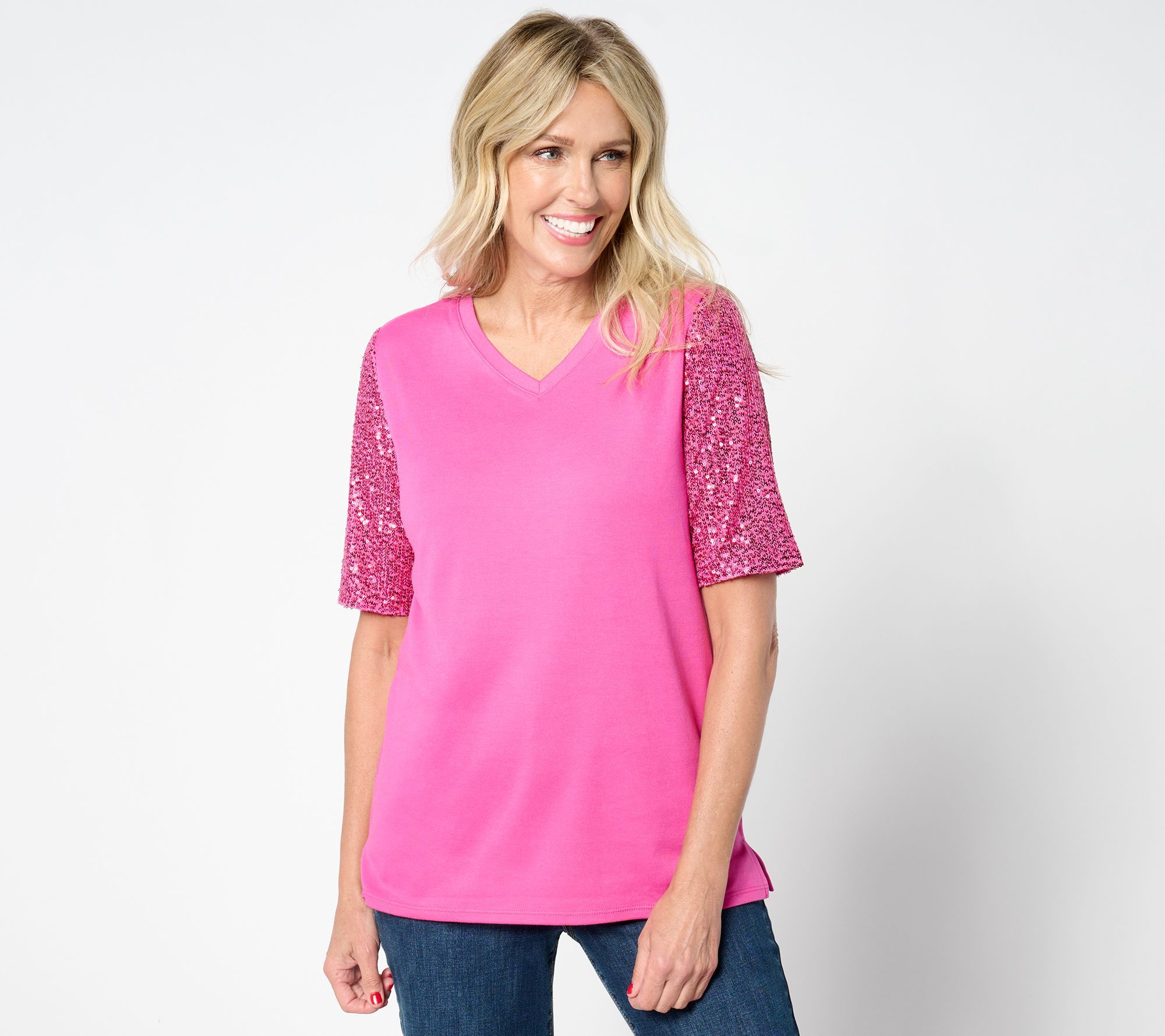 Quacker Factory Women's Top Sz L Glamour Sequin Elbow Sleeve Pink A653589