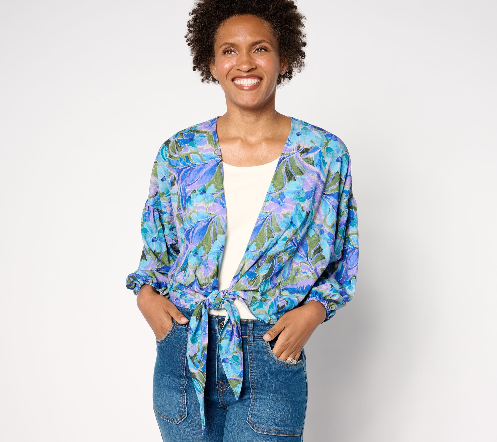Susan Graver Women's Top Sweater Sz L Printed Woven Tie Front Blue A654236