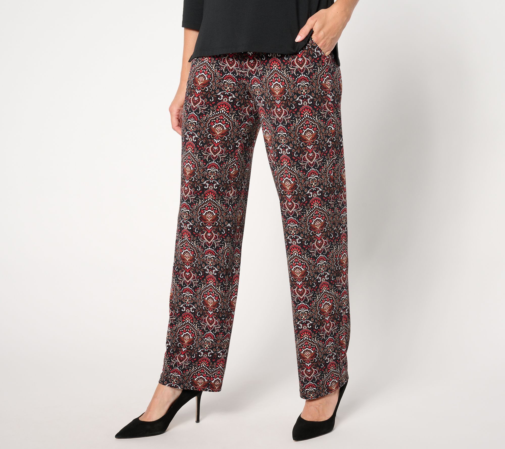 Susan Graver Women's Plus Sz Pants 2X Reg Printed Liquid Knit Sofia Red A654270