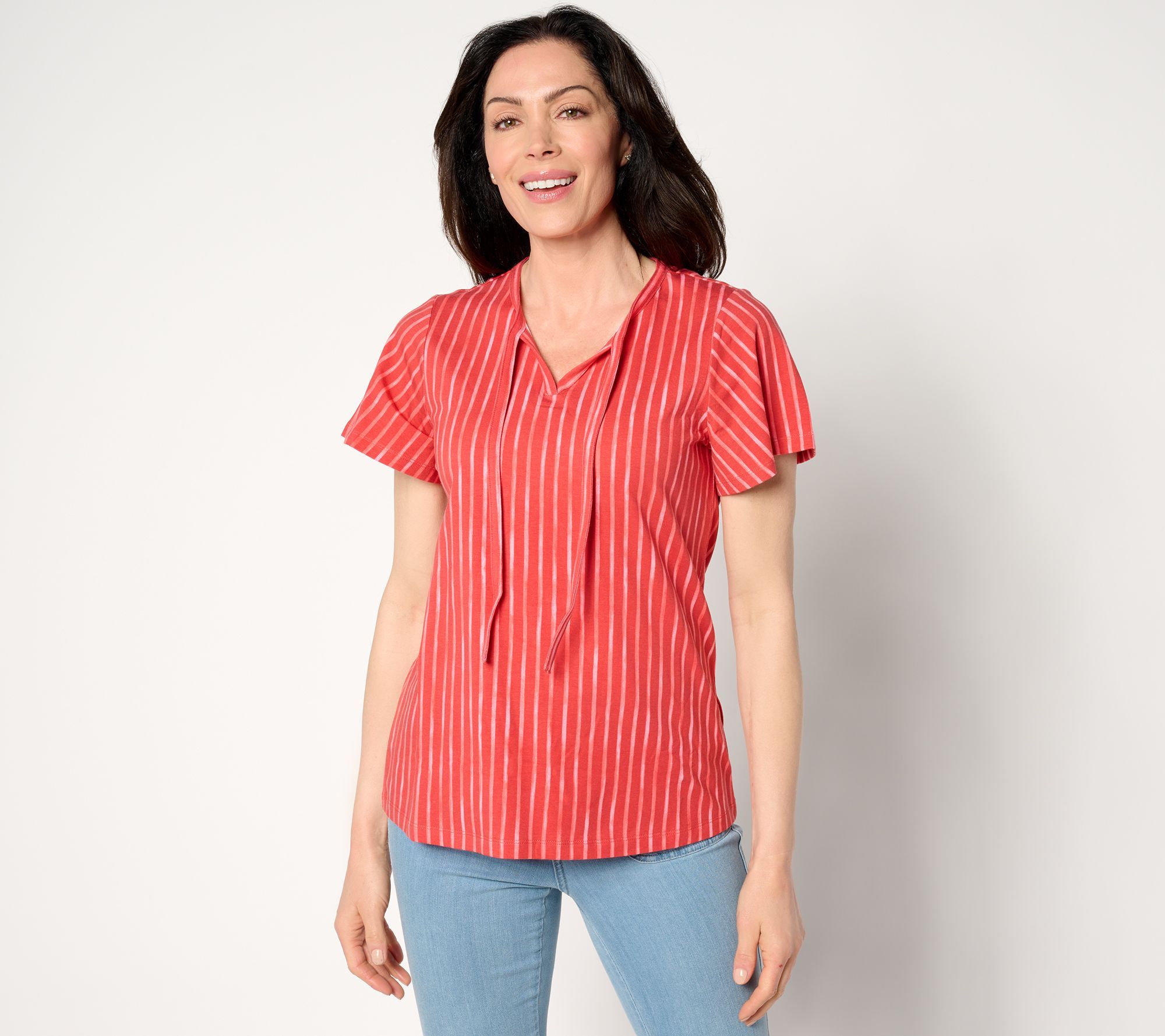 Denim & Co. Women's Top Sz XL Striped Favorite Jersey Flutter Orange A654625