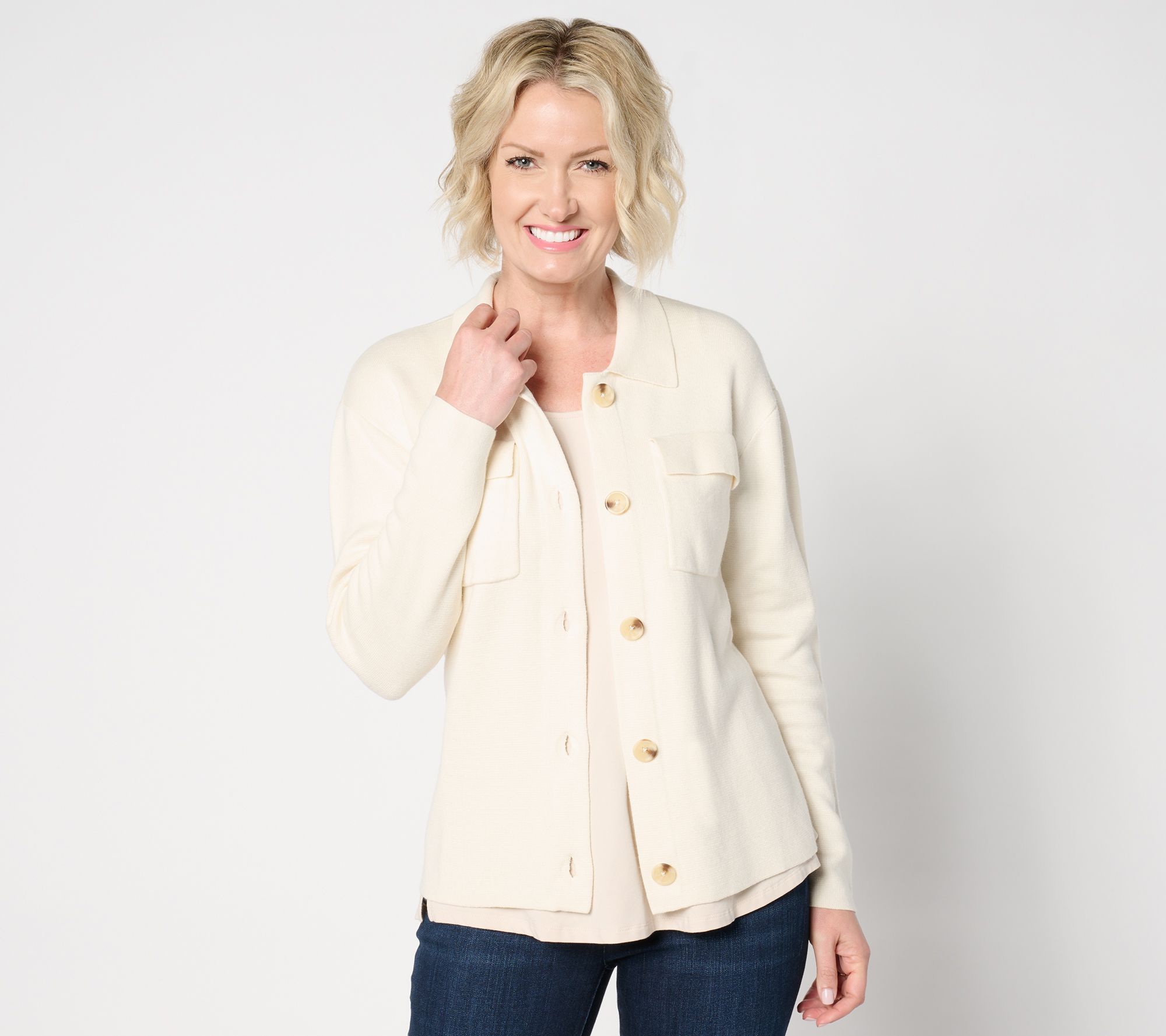 Isaac Mizrahi Live! Women's Jacket Sz M Button Front Sweater Collar White