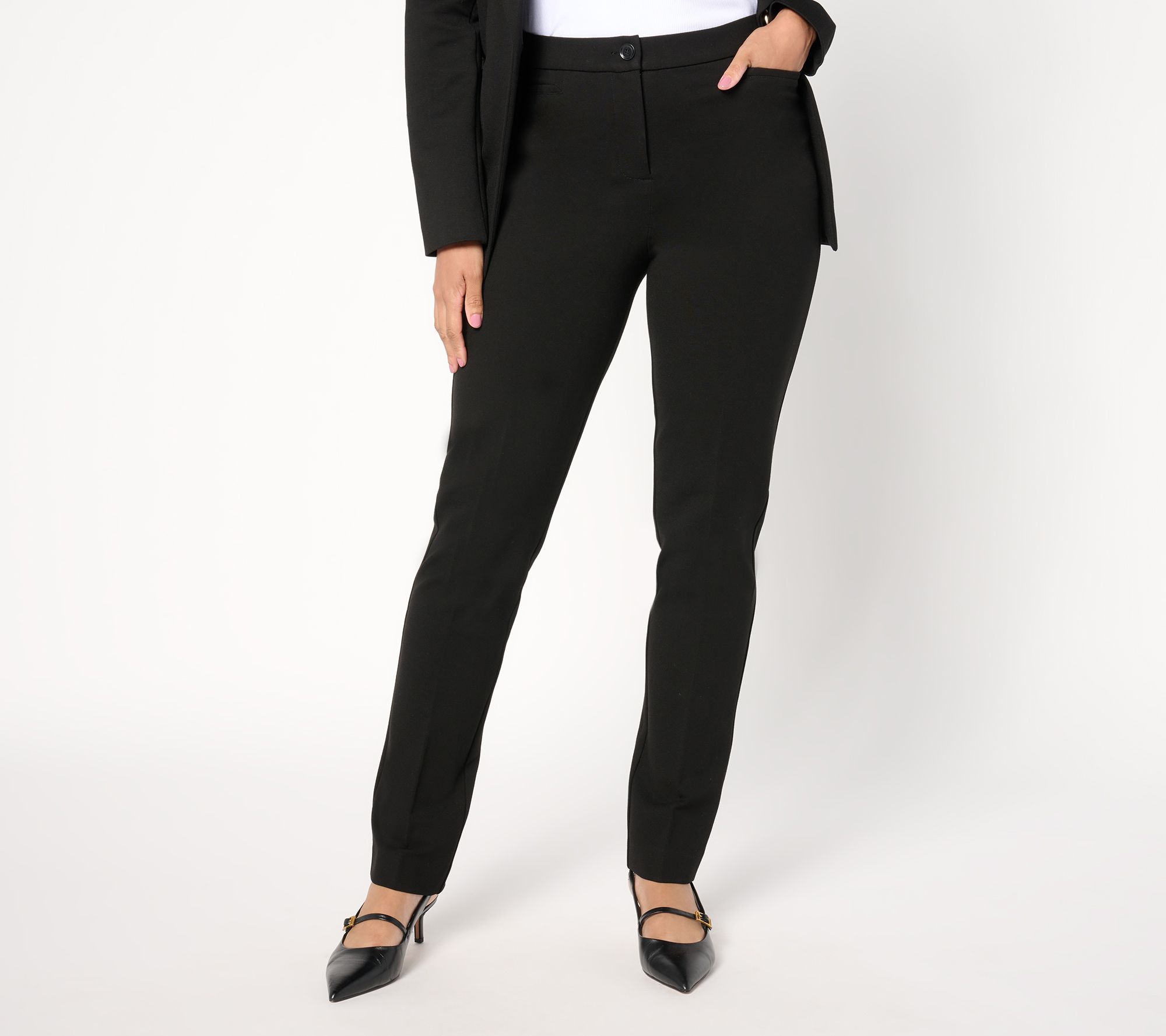 Susan Graver Women's Petite Pants P2XS Tailored by Smart Ponte Slim Black A655629