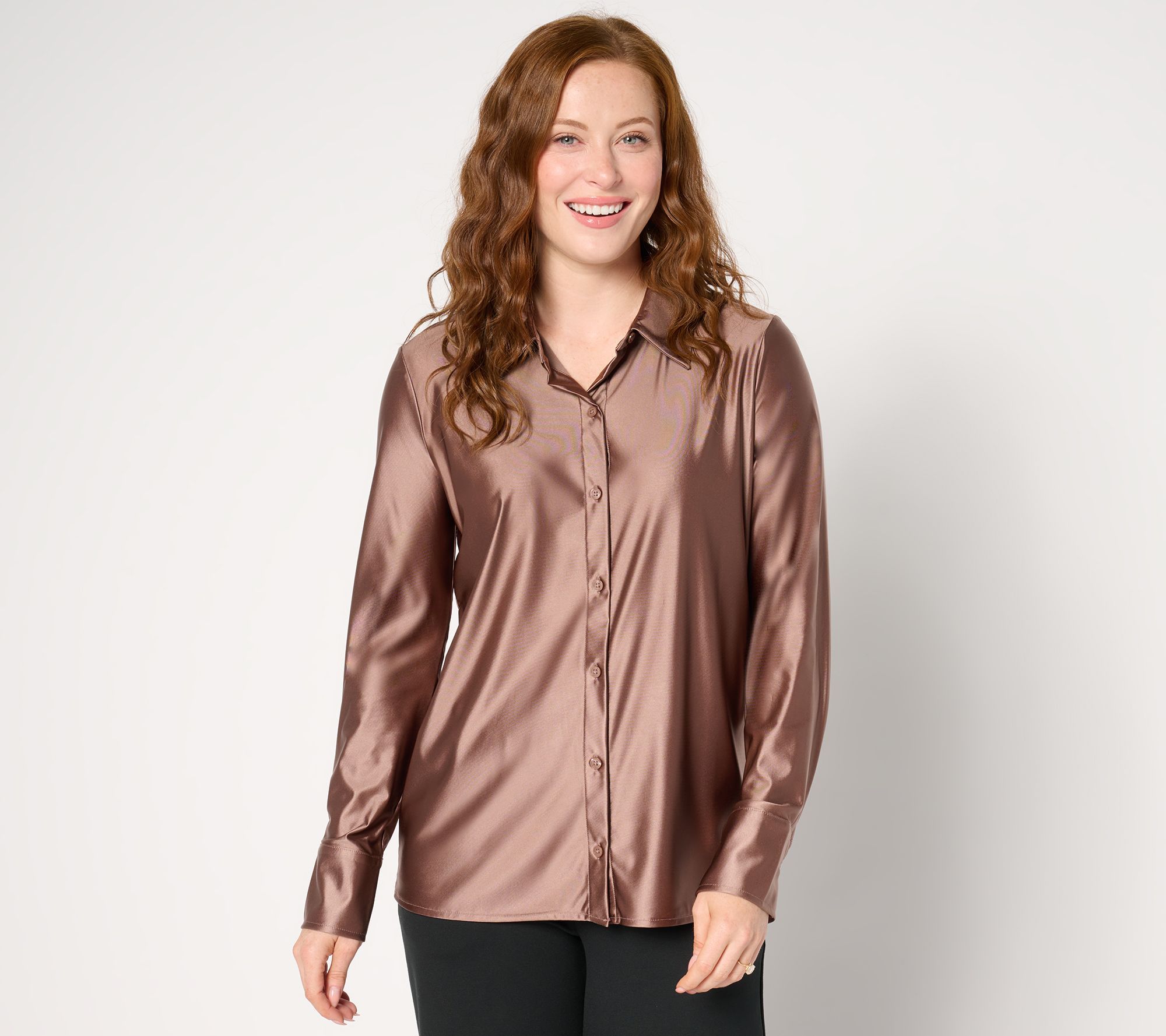 Women Control Women's Top Sz XL Fluid Satin Button-Front Pink A667186