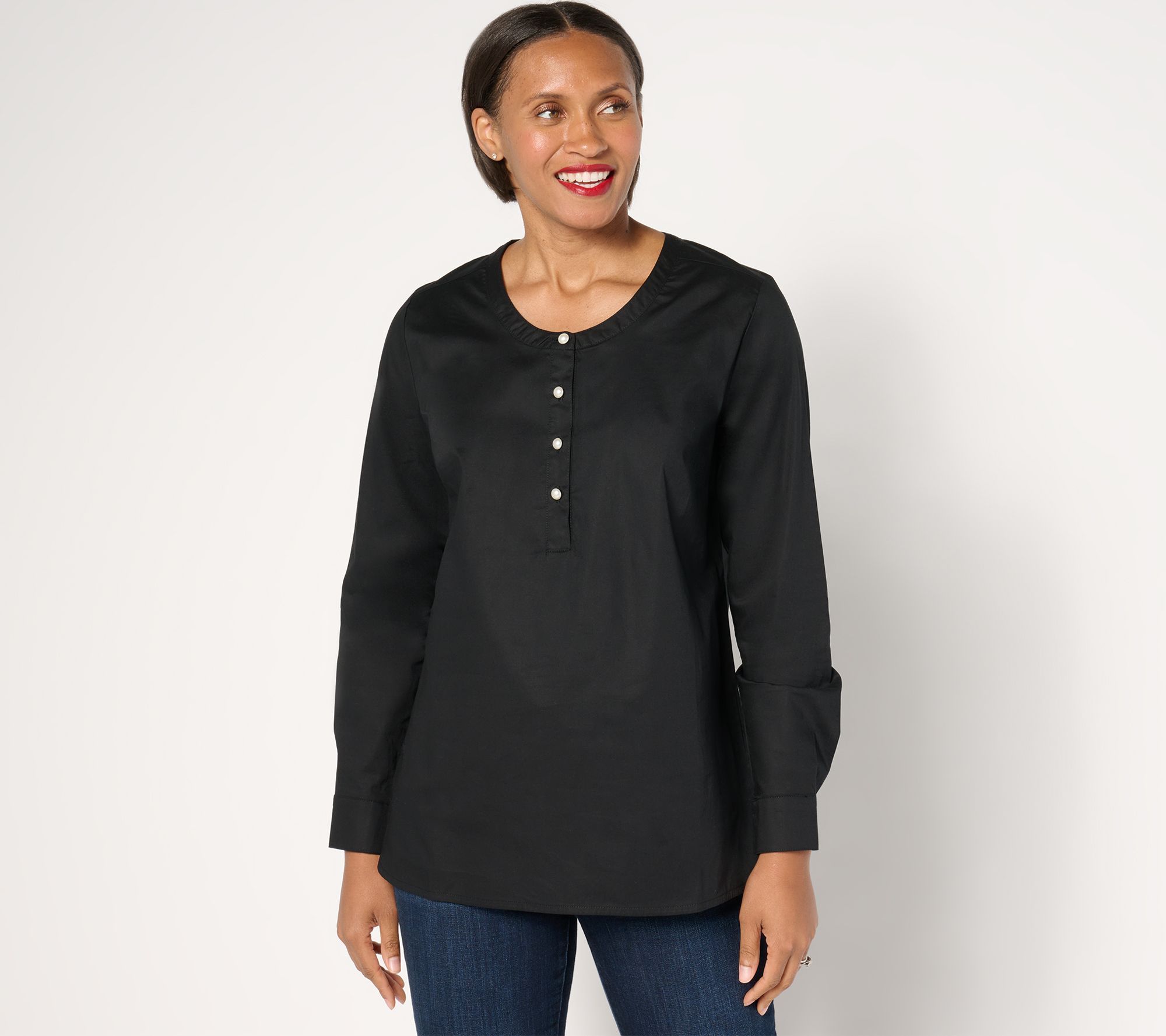 Denim & Co. Women's Top Sz XL Regular Poplin Tunic with Pearl Black A669951