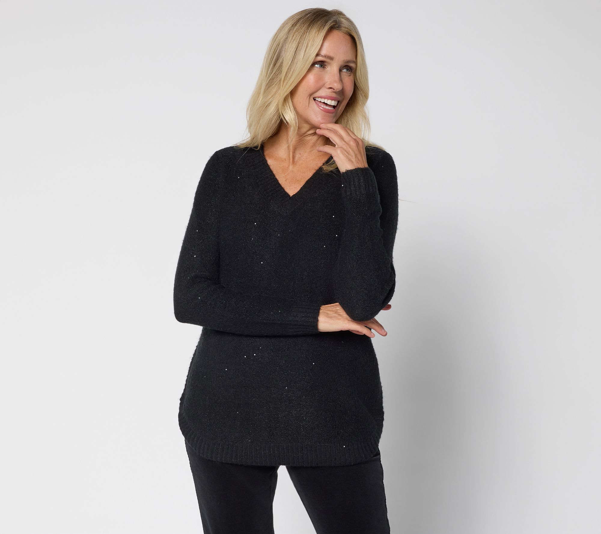 Denim & Co. Women's Top Sweater Sz L V-Neck Long Sleeve Sparkle Black A670650