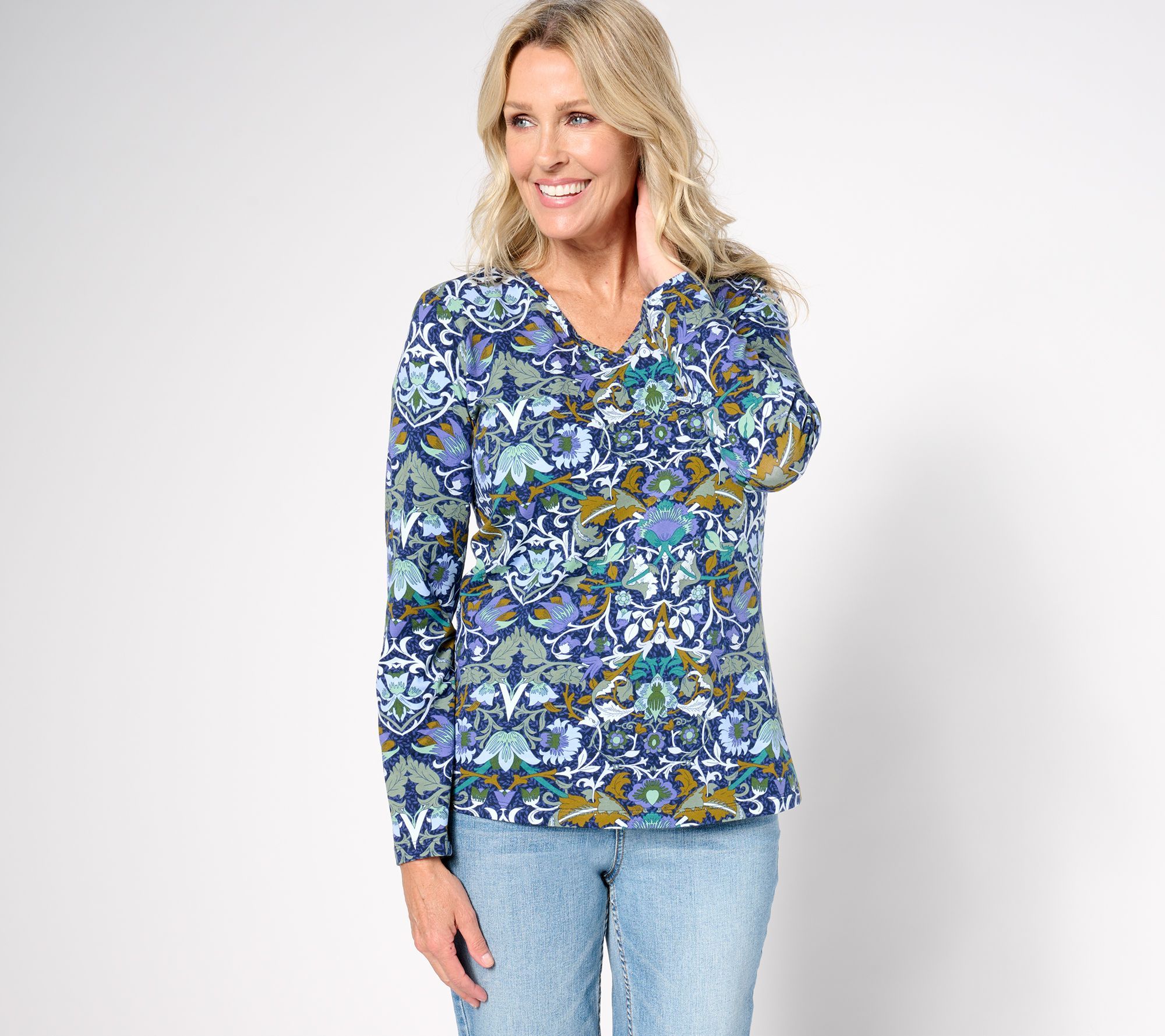 SUNNYLiFE Women's Top Sz L Denim & Co. Favorite Jersey Printed Long Blue A673724
