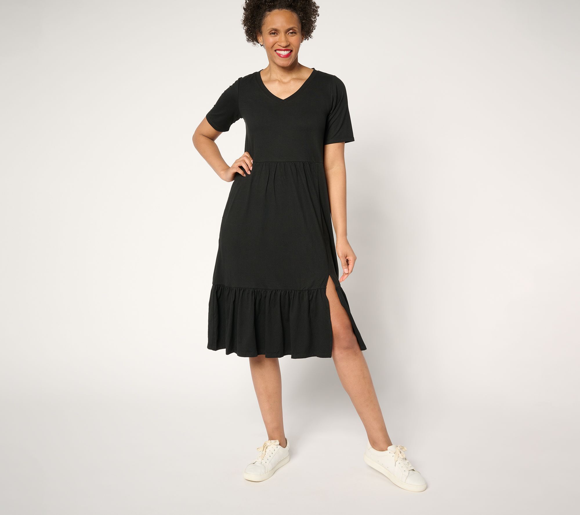 Cuddl Duds Women's Dress Sz M Flexwear Tiered v Midi Black A676560