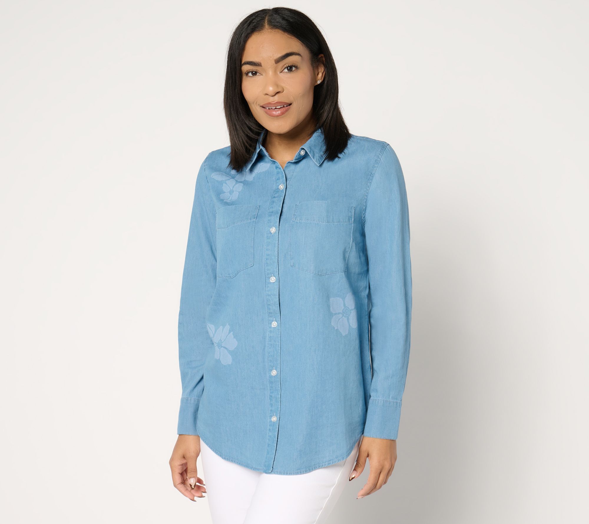Studio Park Women's Top Plus Sz 1X 100% Cotton Stamped Chambray Blue A676832