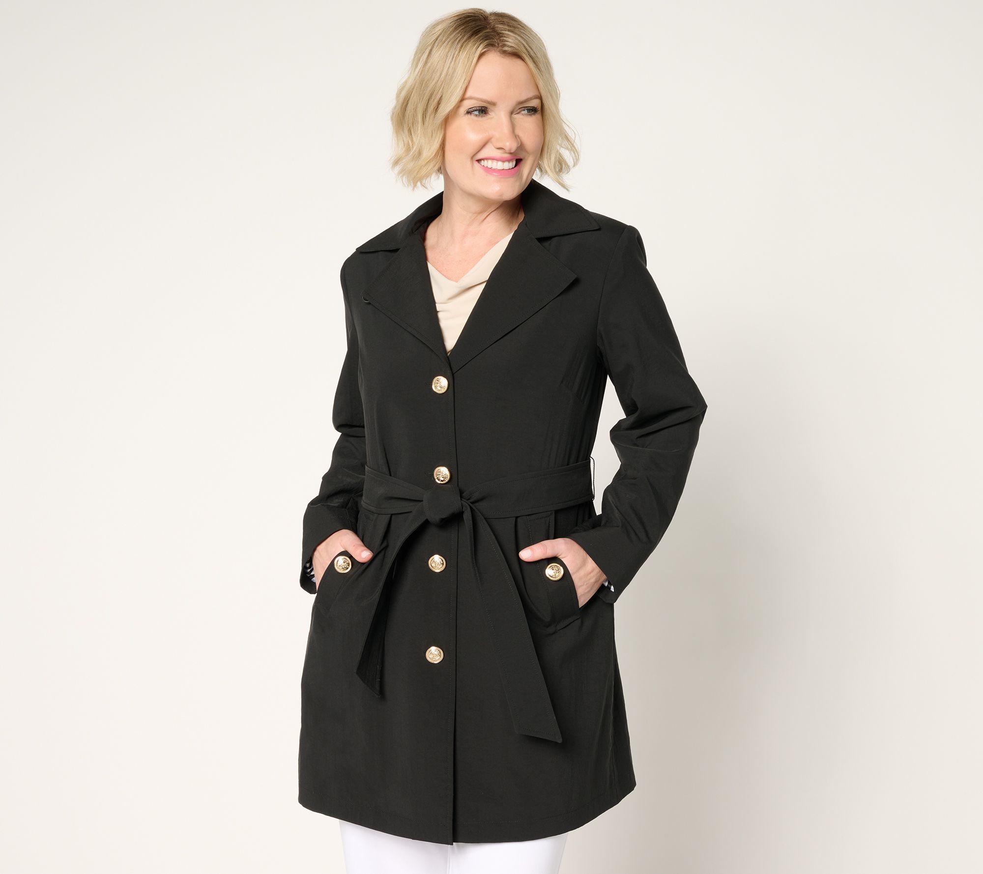 Dennis Basso Women's Petite Jacket PM Water Resistant Trench Coat Black  A679224