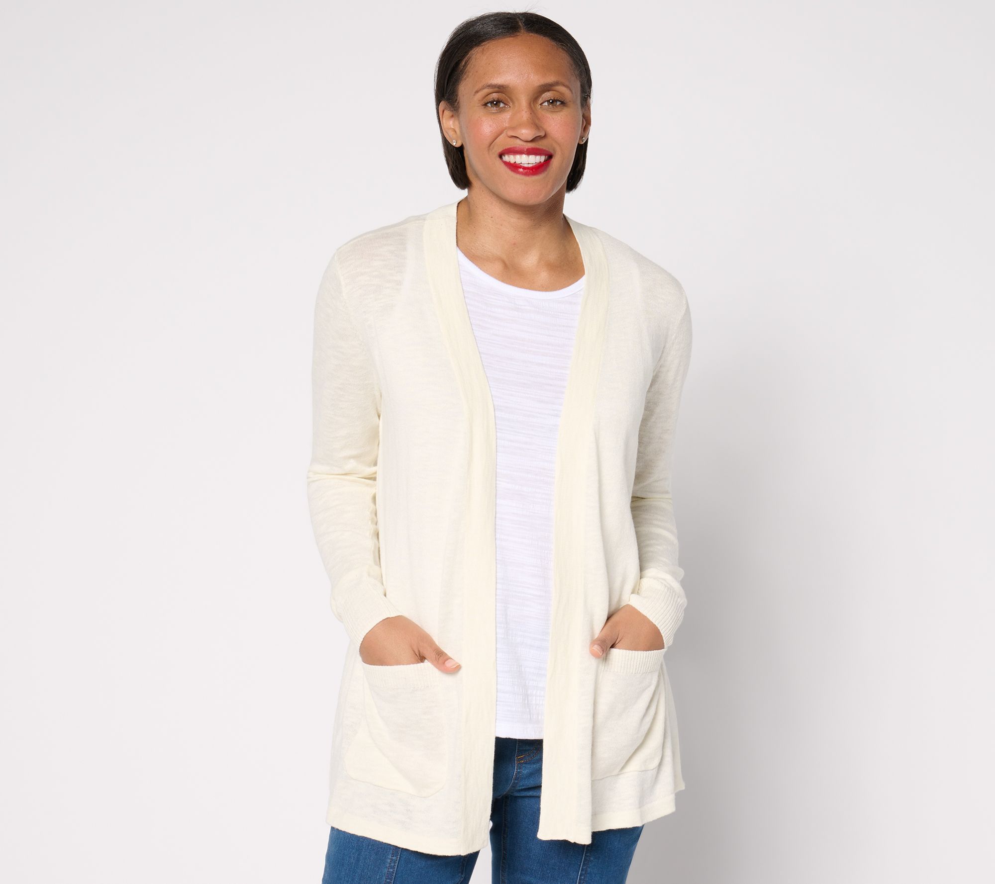 Denim & Co. Women's Top Petite Sweater PS Beach Open Front Tunic White A682230