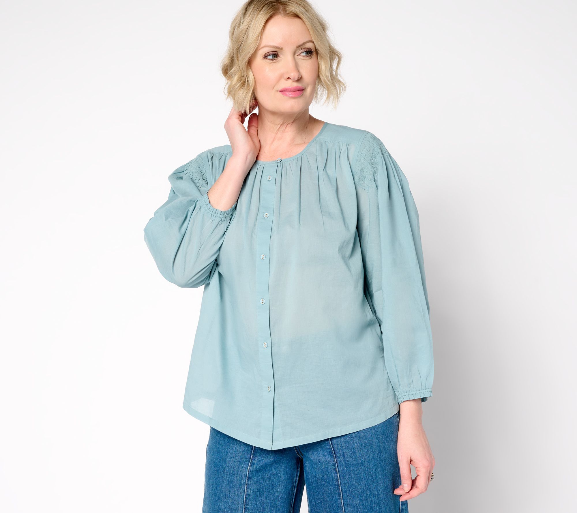 Fashion Women's Top Sz M 100% Cotton Button-Front Shirred Blouse Blue A683834