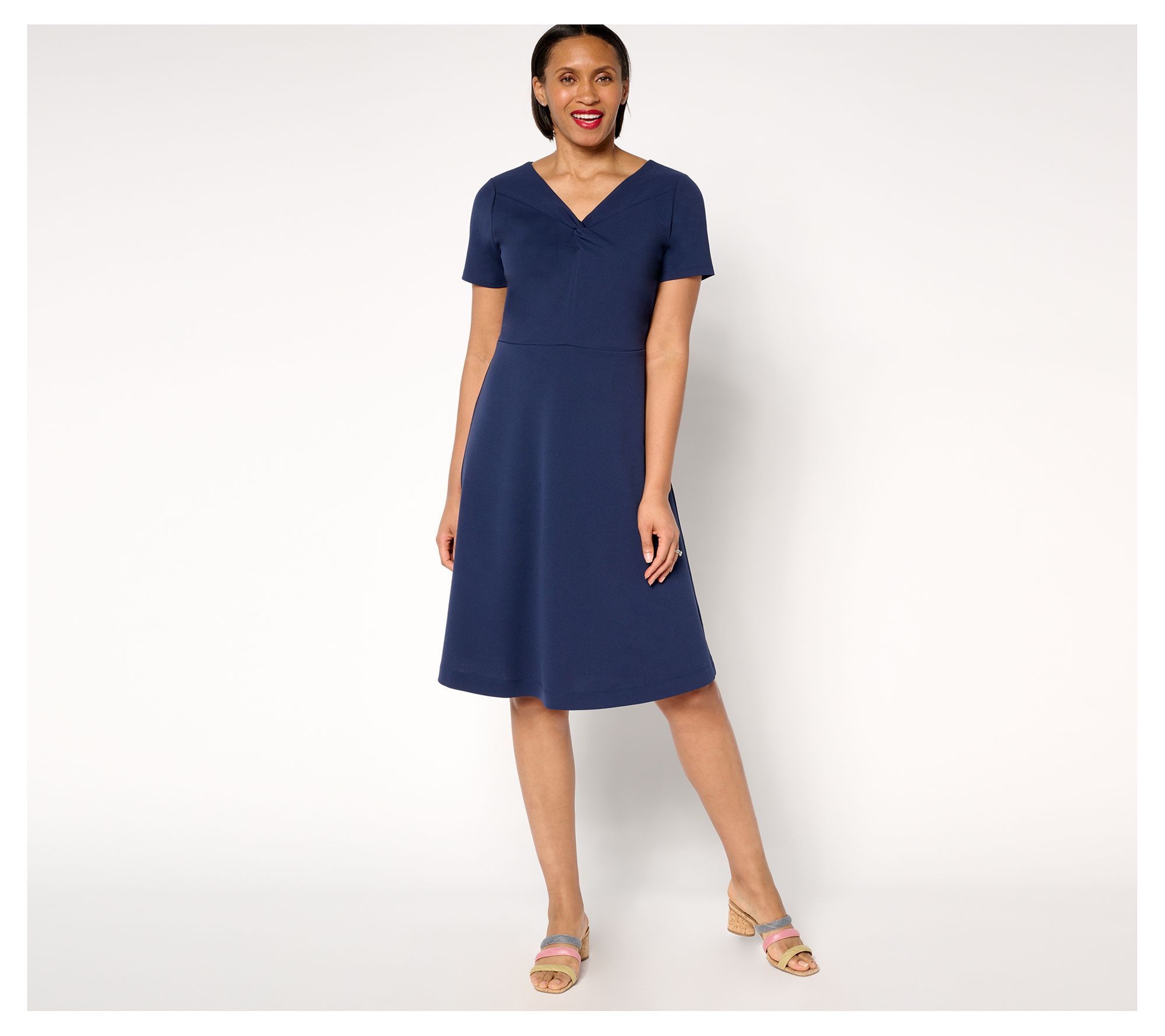 Isaac Mizrahi Live! Women's Dress Sz L Scuba Crepe Twist Front Blue A684995