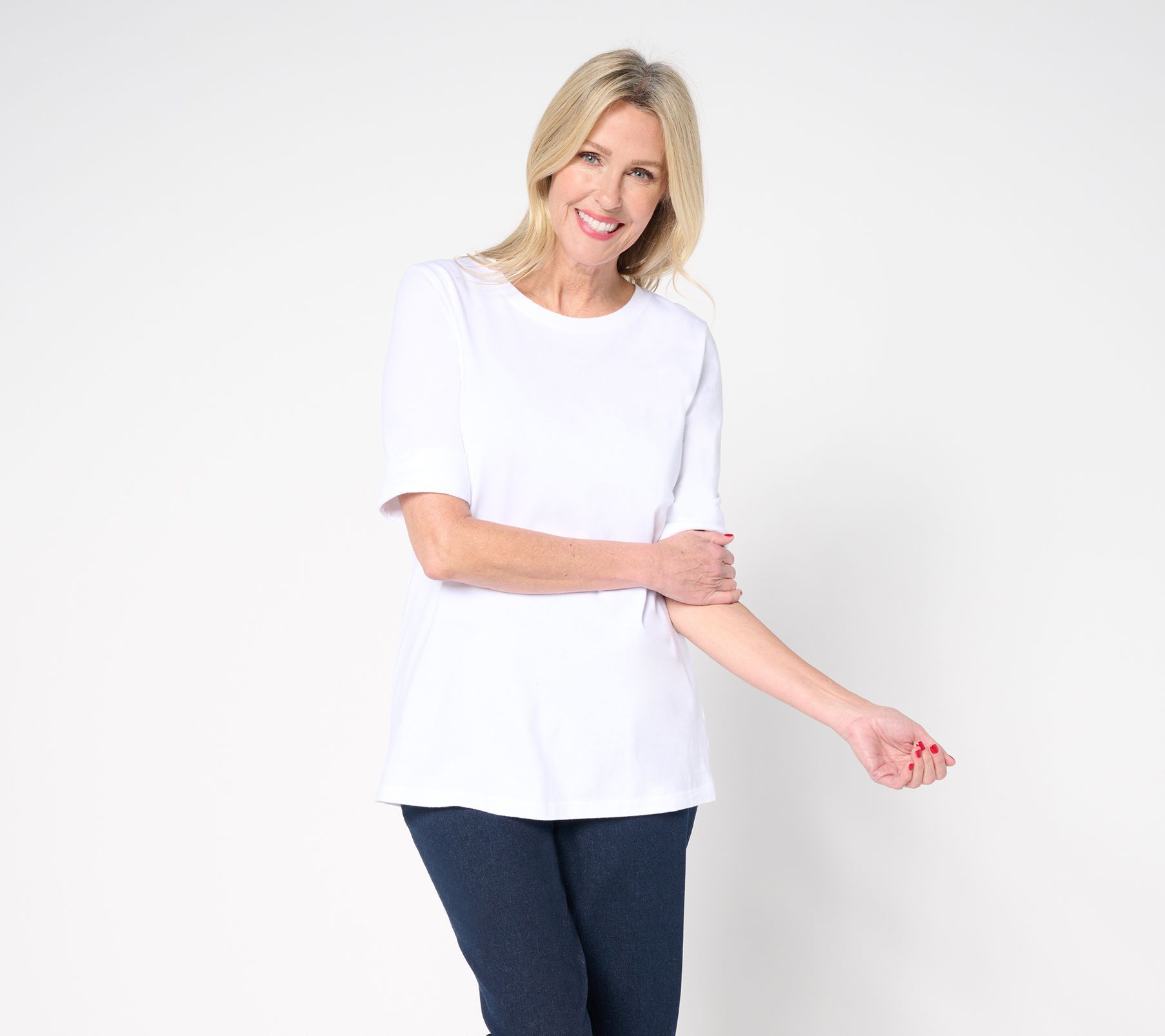 Denim & Co. Women's Top Sz M Essentials True Cotton Roll Cuff Tunic White A685427