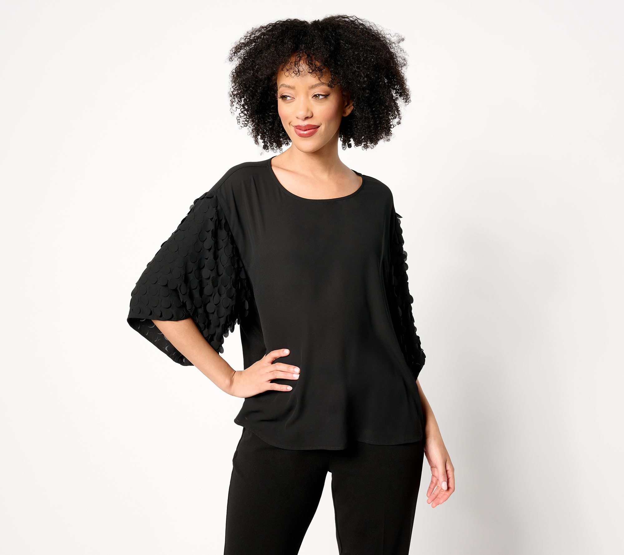 Dennis Basso Women's Top Sz S Woven with Paillette Sleeves Black A686958