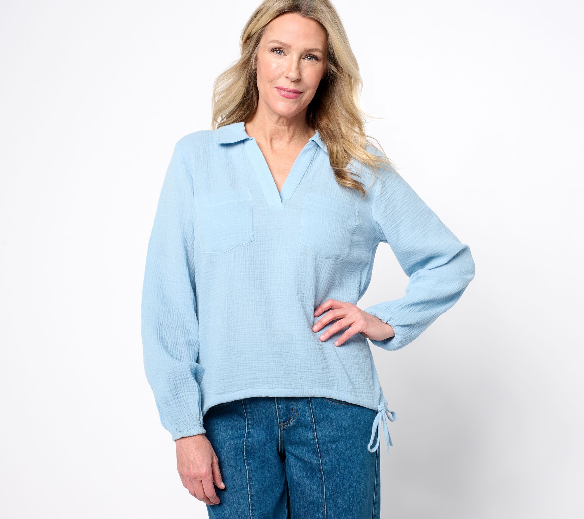 Peace Love World Women's Top Sz S Boheme 100% Cotton Collared Blouse Blue A686992