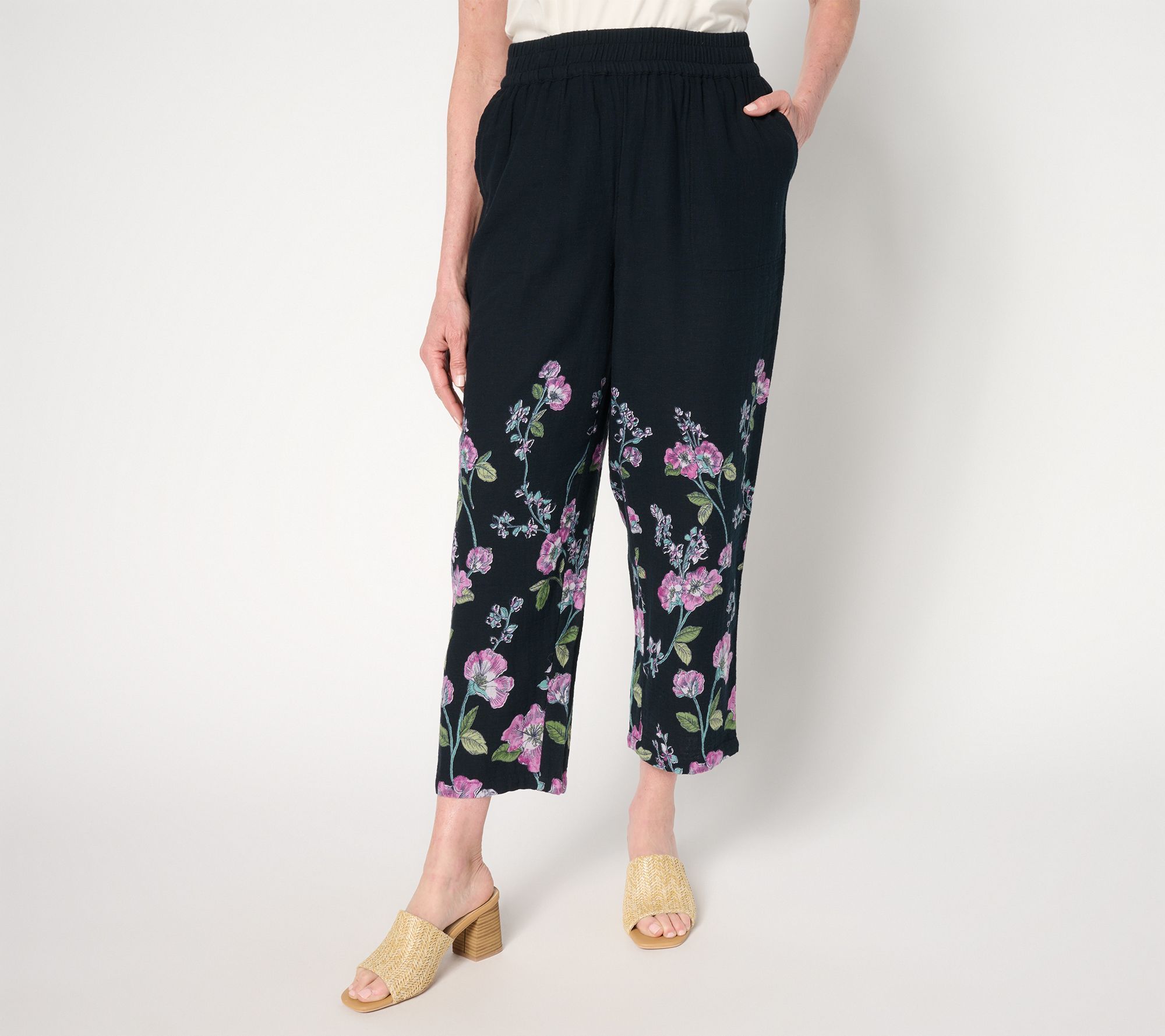 Susan Graver Women's Pants Sz L PURE Regular Printed Cotton Gauze Black A687836