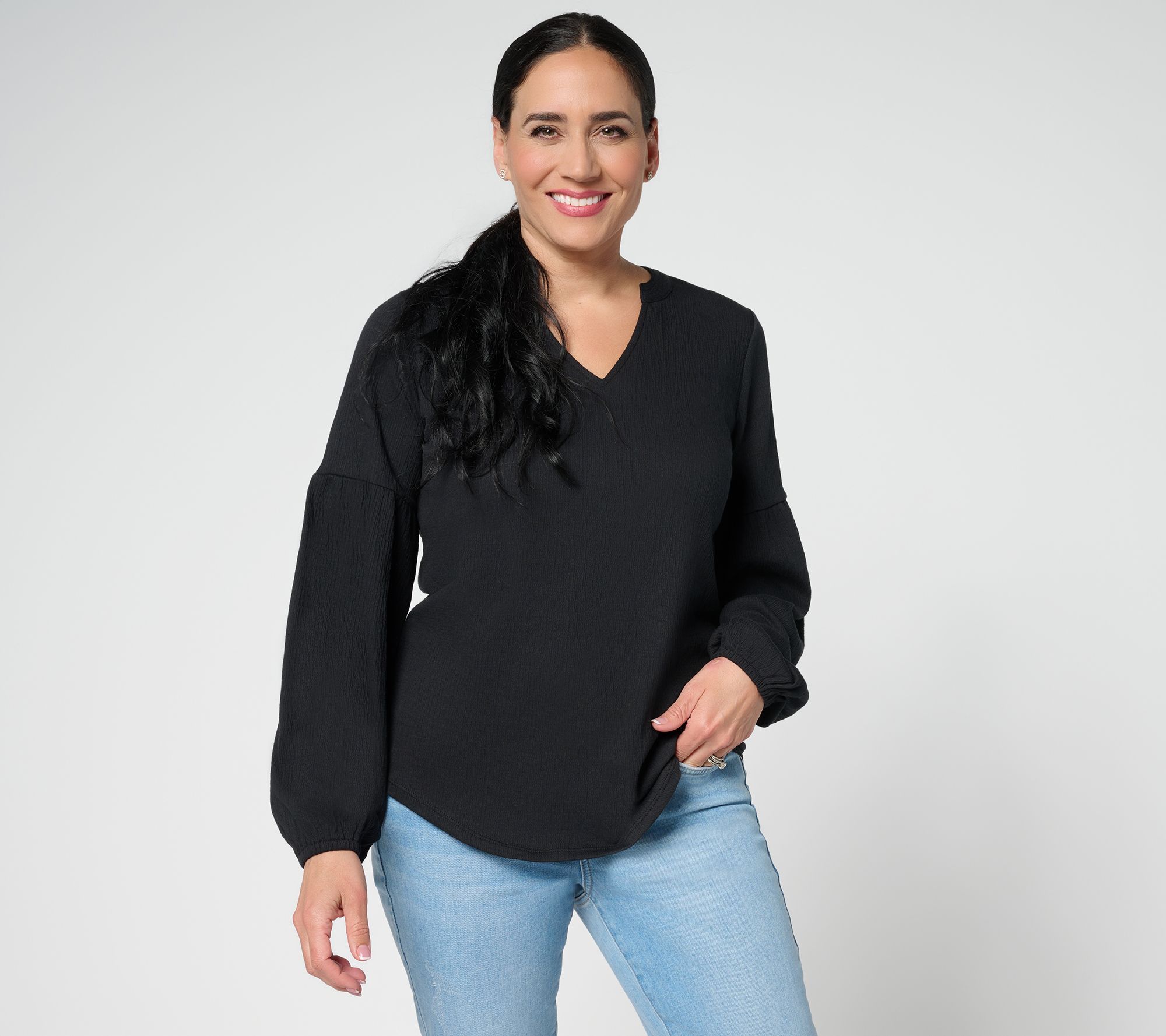 Fashion Women's Top Sz XL Packabelle Gotta Getaway Split Neck Black A687904