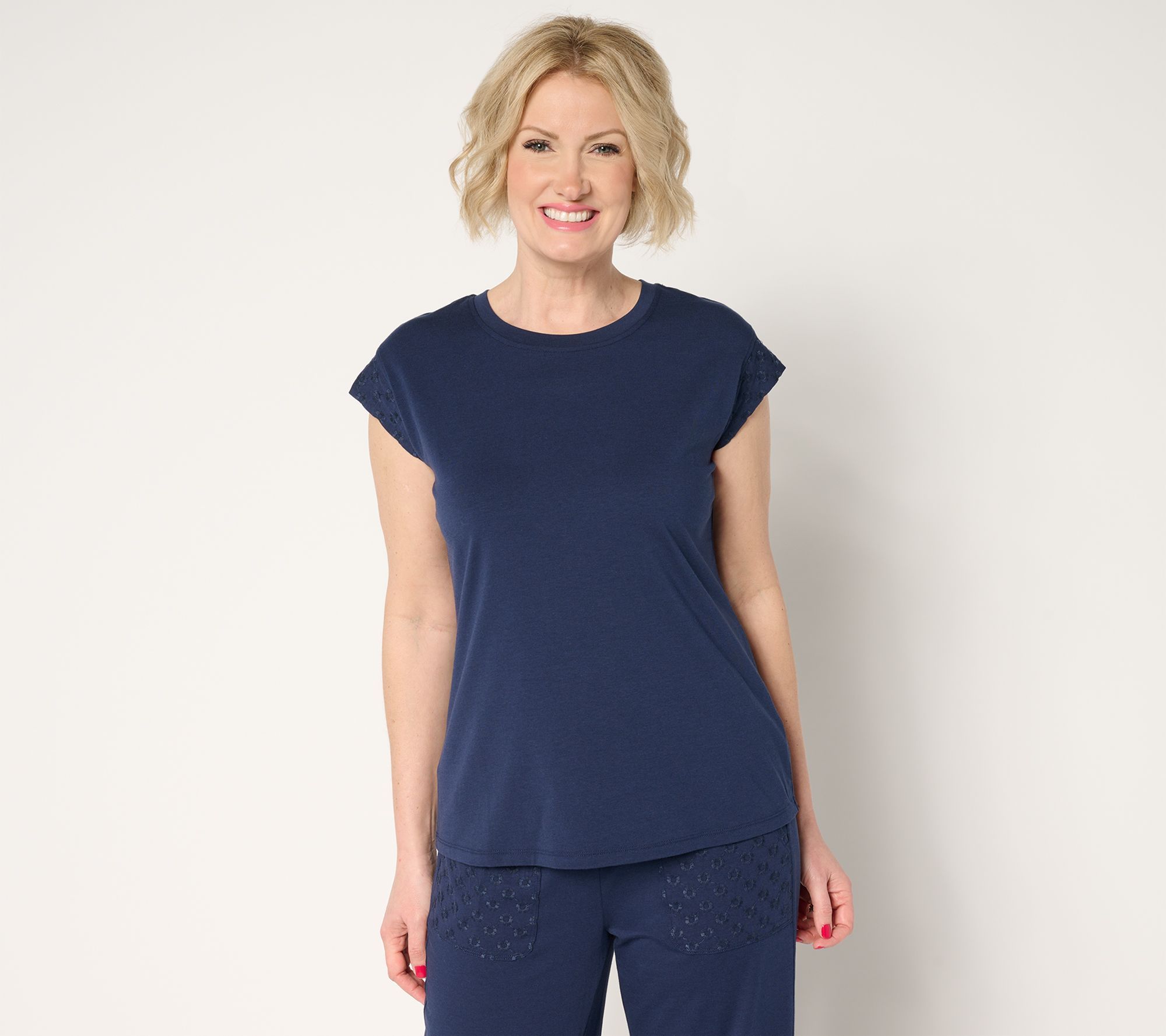 Fashion Women's Top Plus Sz 1X Cozy Knit Cap Sleeve T-Shirt with Blue A689694