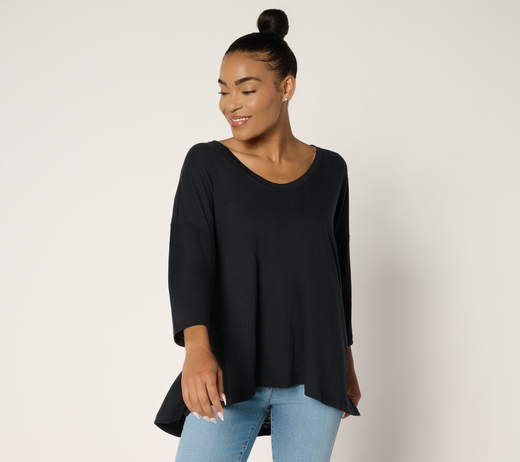 Peace Love World Women's Top Sz L Soft V-Neck Sleeve Linen Blend Black A691369