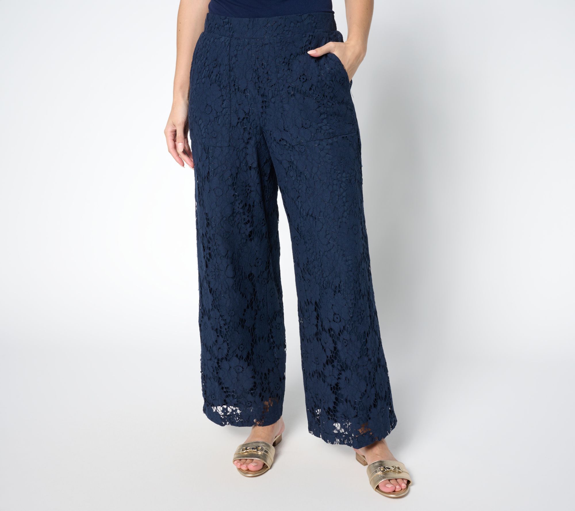 Fashion Women's Pants Sz S Regular Pull-On Lace Cropped Pant Blue A691868