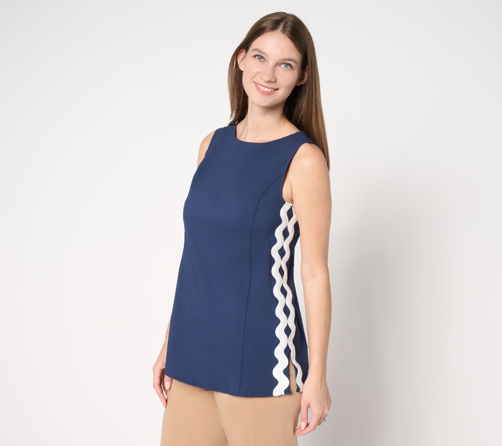 by Stacy London Women's Top Sz M Stretch Tank with Rik Rak Trim Blue A691890