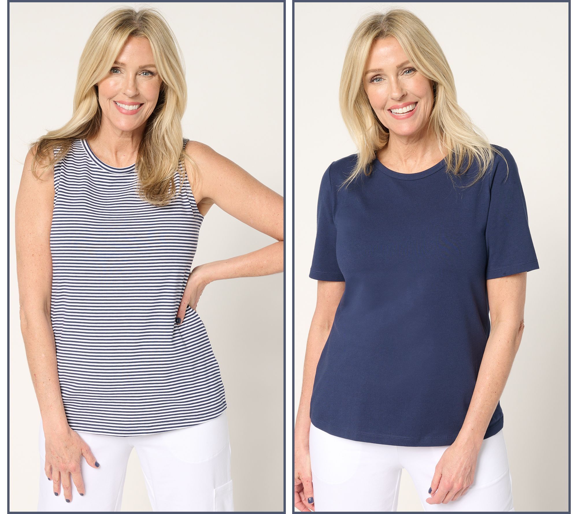 Denim & Co. Women's Top Sz L Essentials Striped Tank Solid Blue A692018