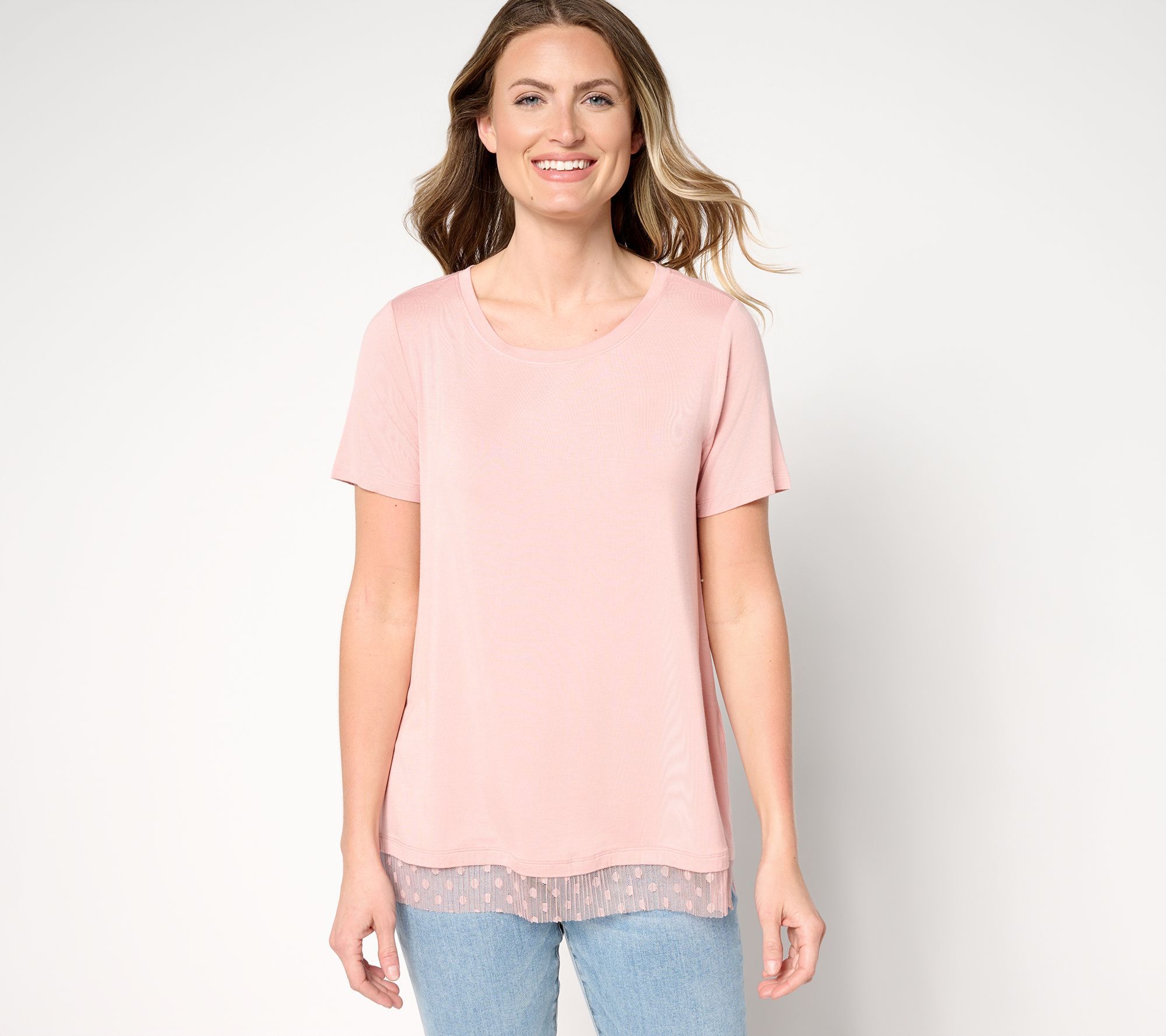 Fashion Women's Top Sz L Short Sleeve Tee with Mesh Hem Pink A692530