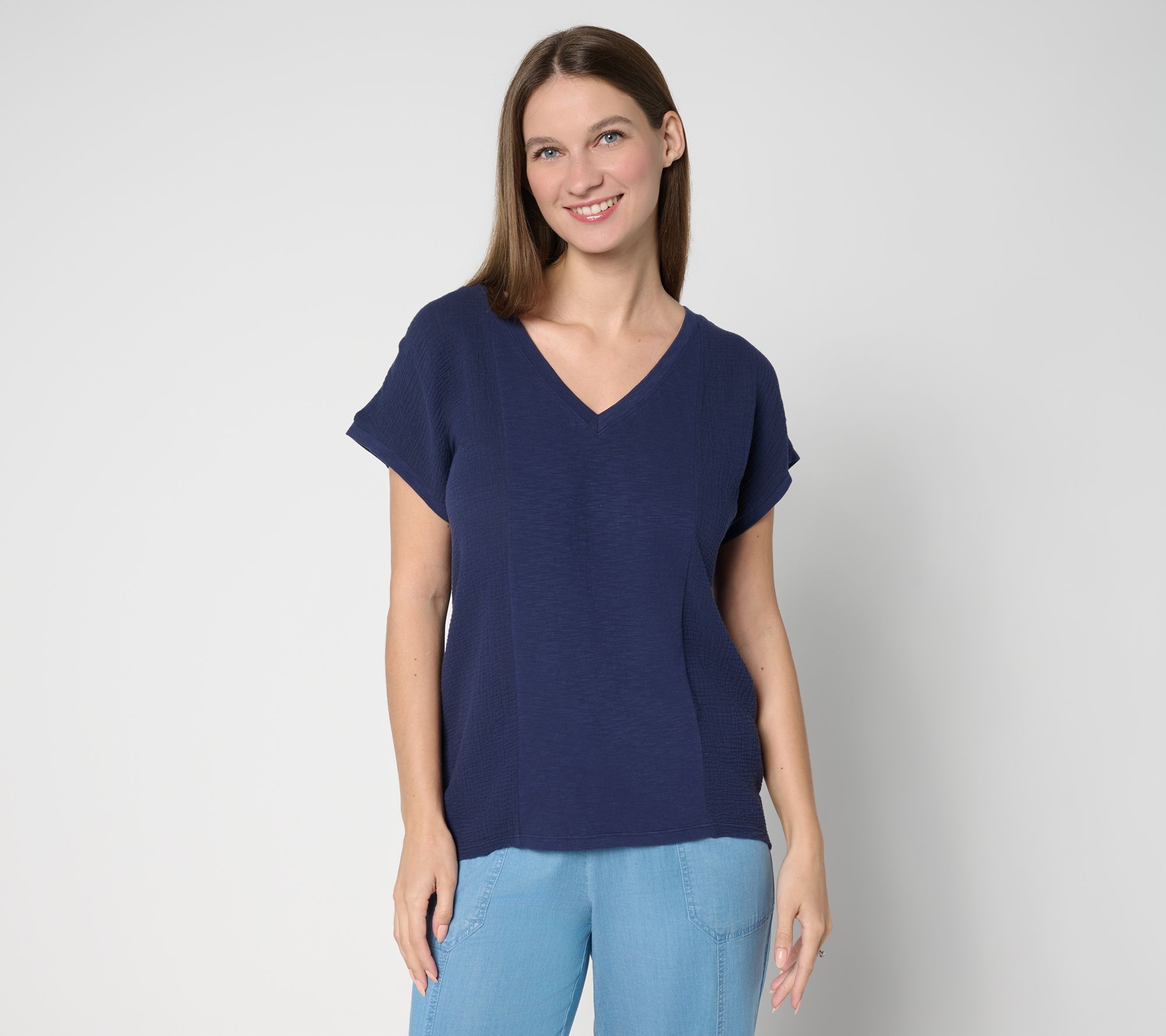 Anybody Women's Top Sz S Slub Jersey and Gauze Mixed Short Sleeve Blue A694357