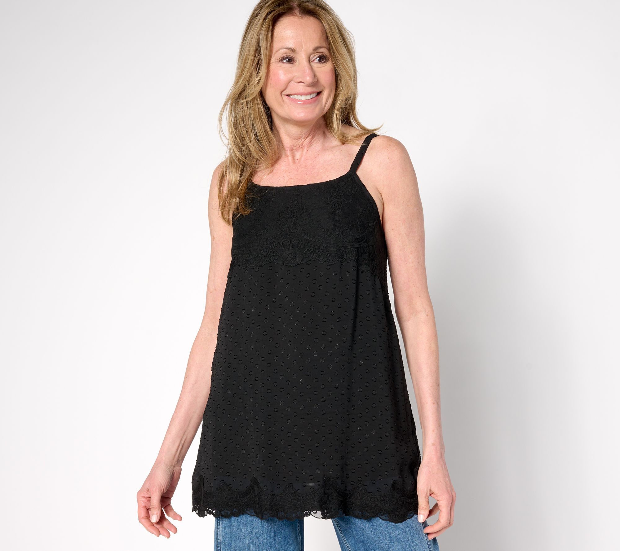 Fashion Women's Top Sz M Woven Clip Dot Tank Lace Trim Black A695745