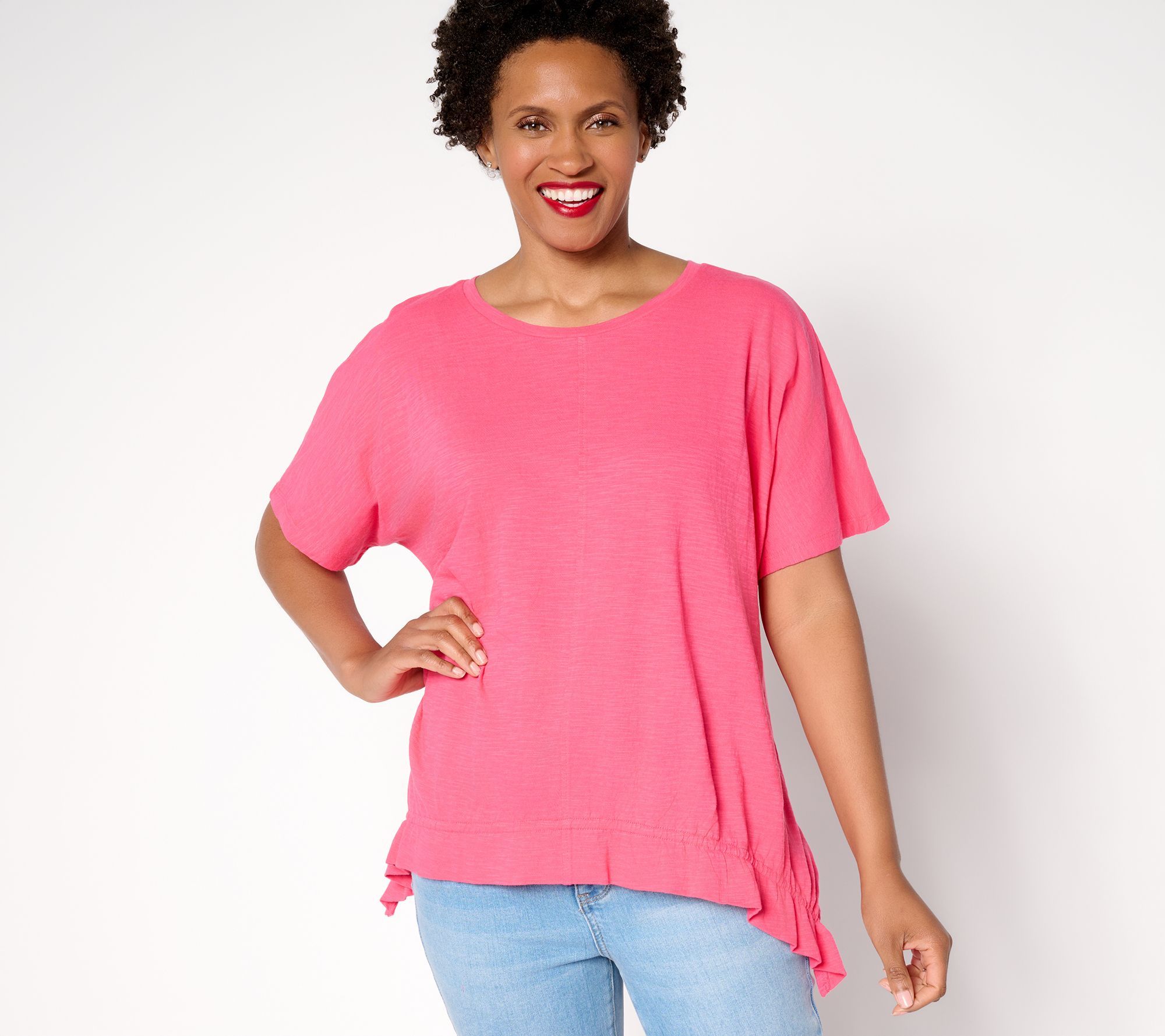 Fashion Women's Top Sz L 100% Cotton Ruched Hem Pink A697242 | eBay