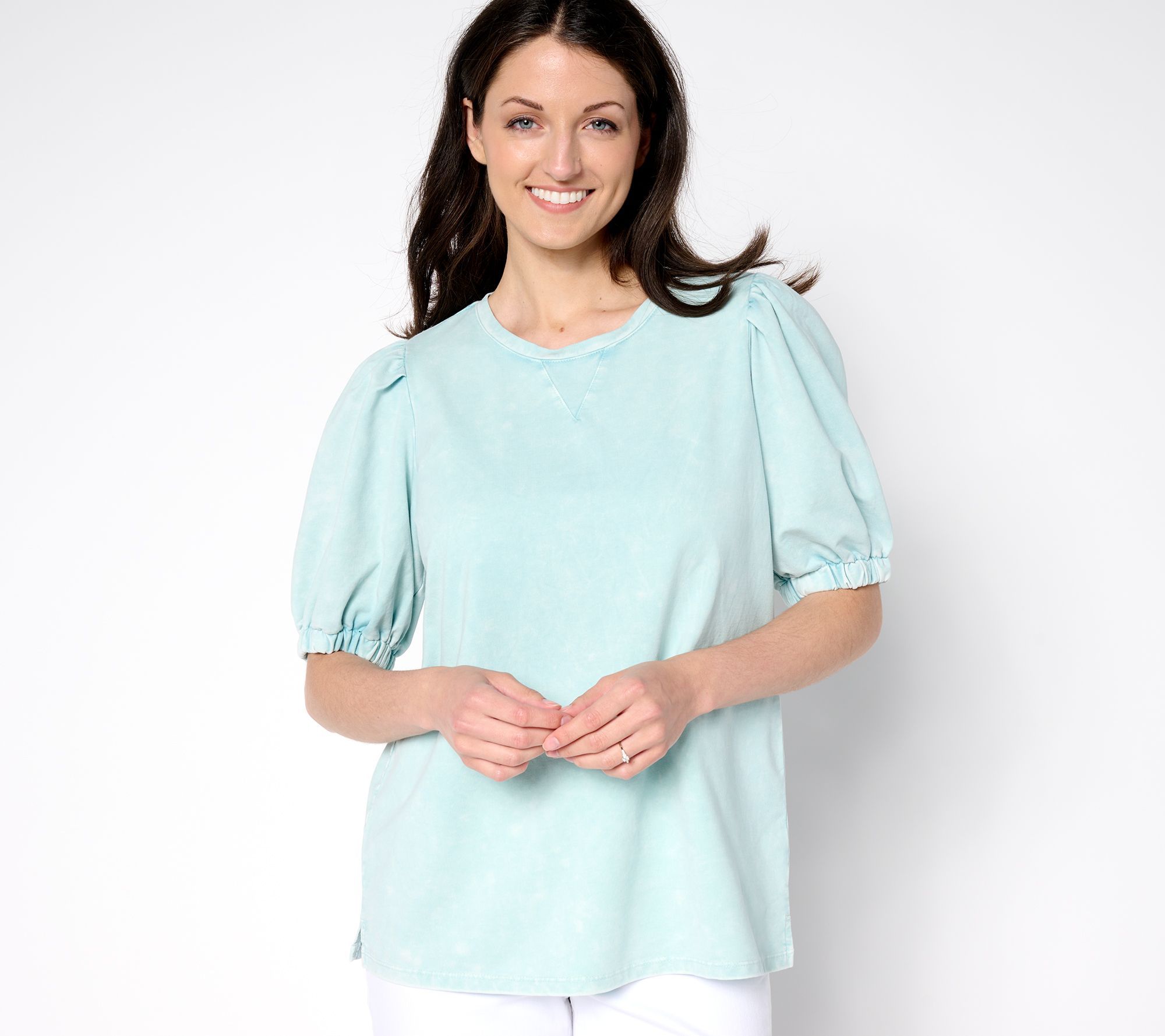 Fashion Women's Top Sz XS Acid Wash Knit Puff Sleeves Blue A697248