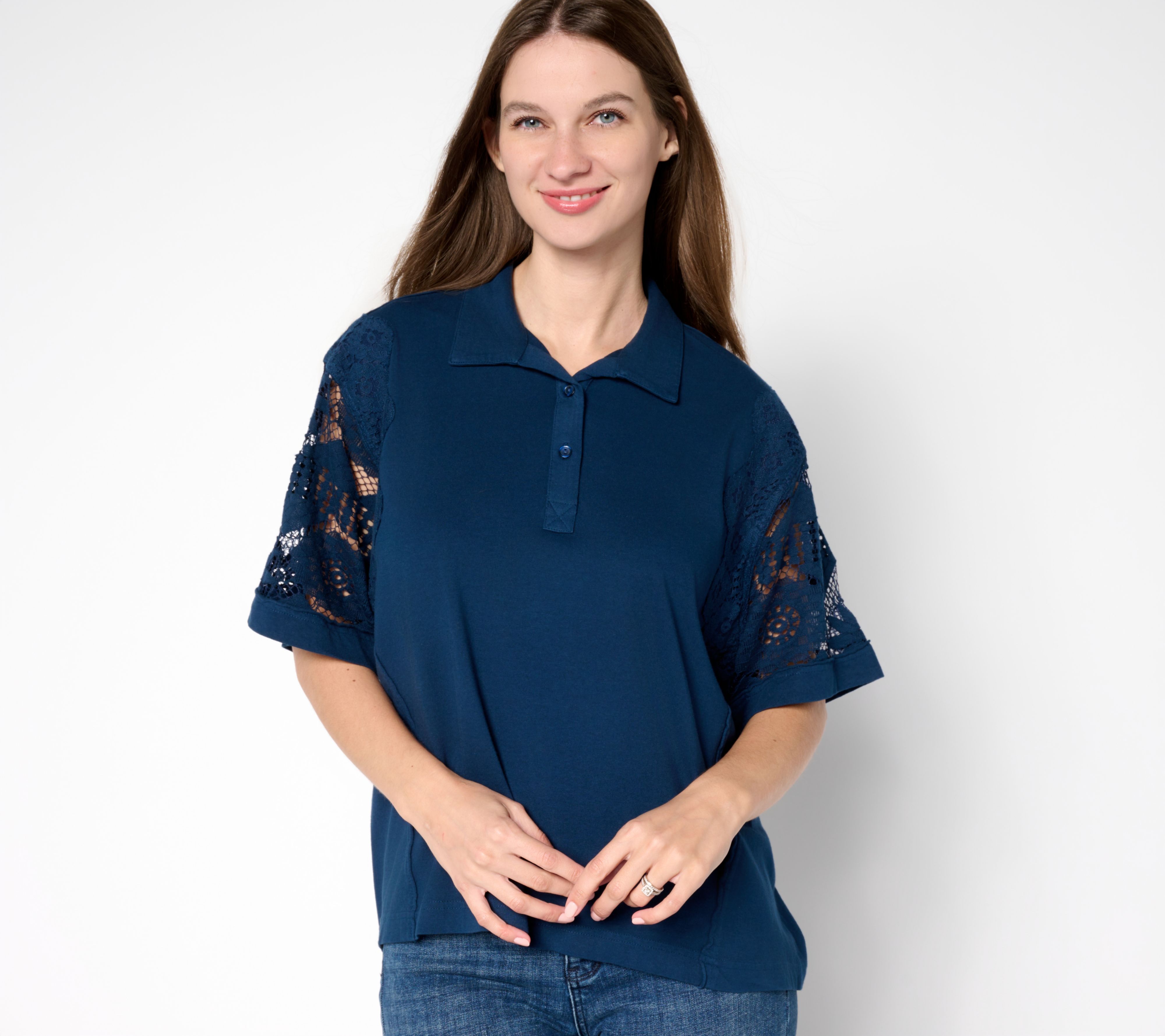 Fashion Women's Top Sz S 100% Cotton Polo Lace Blue A697249