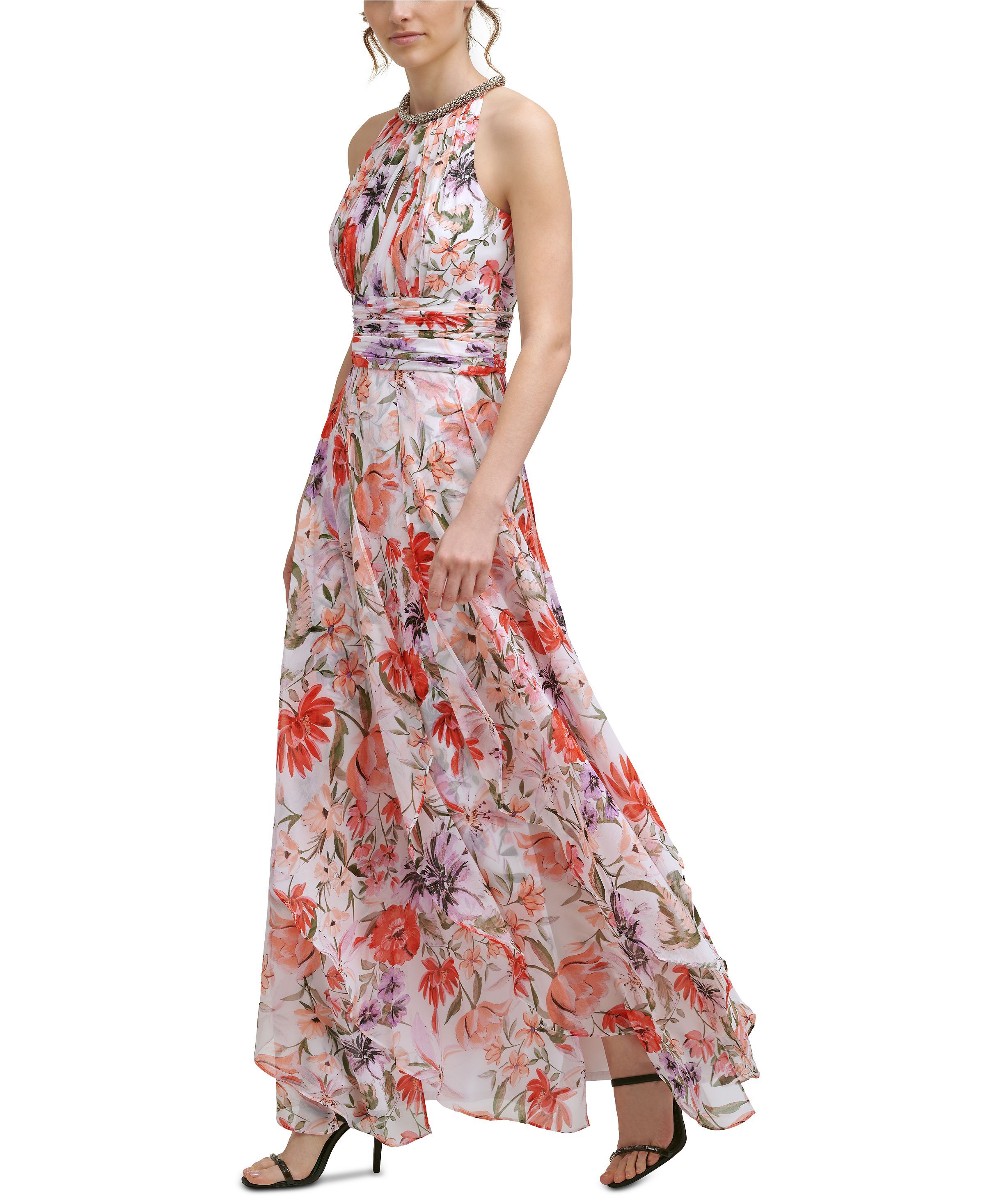 Calvin Klein Women's Dress Sz 10 Embellished Tiered Halter Gown Pink
