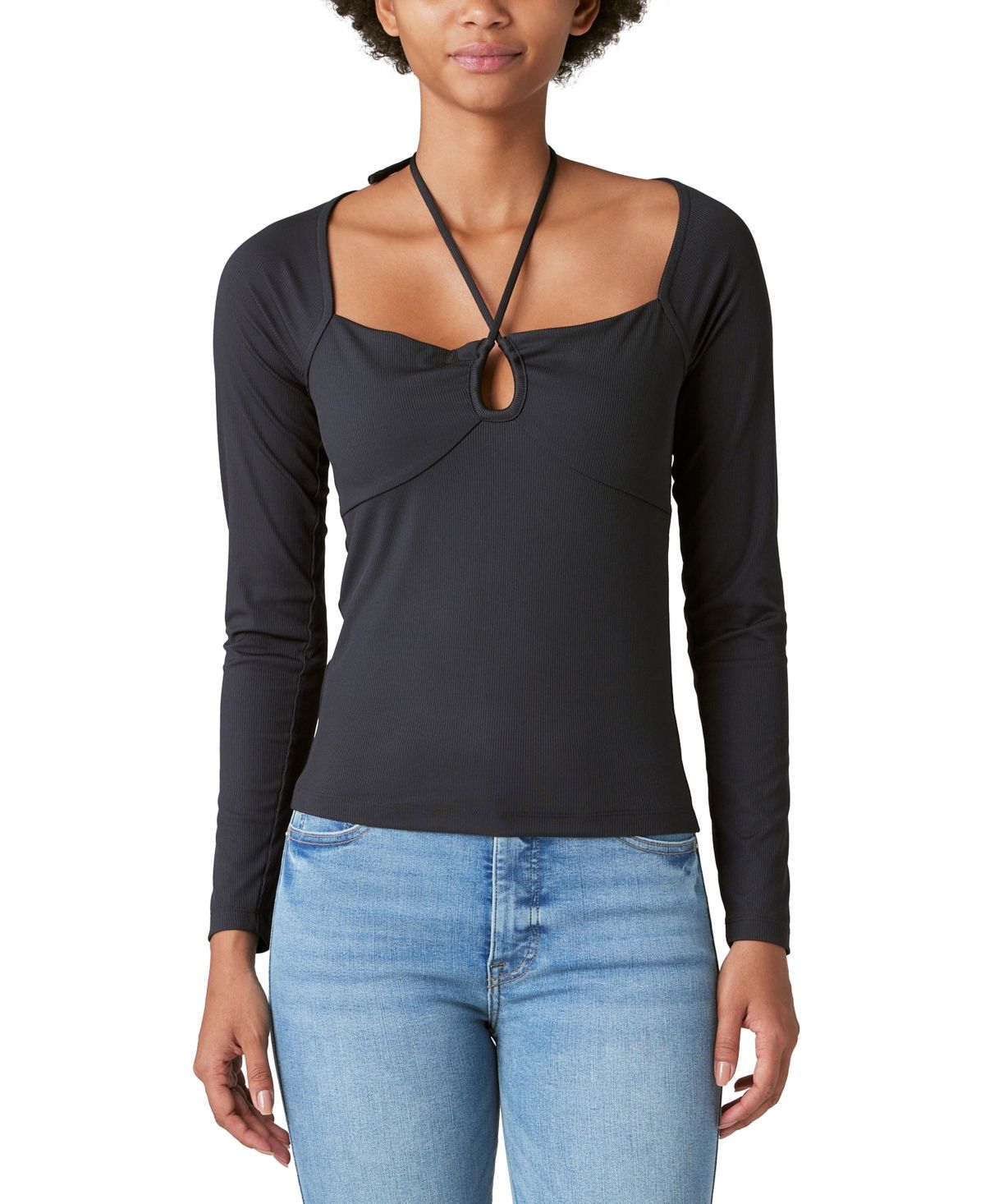 Lucky Brand Women's Top Top Sz 2XL (XXL) Ribbed Keyhole-Cutout Black