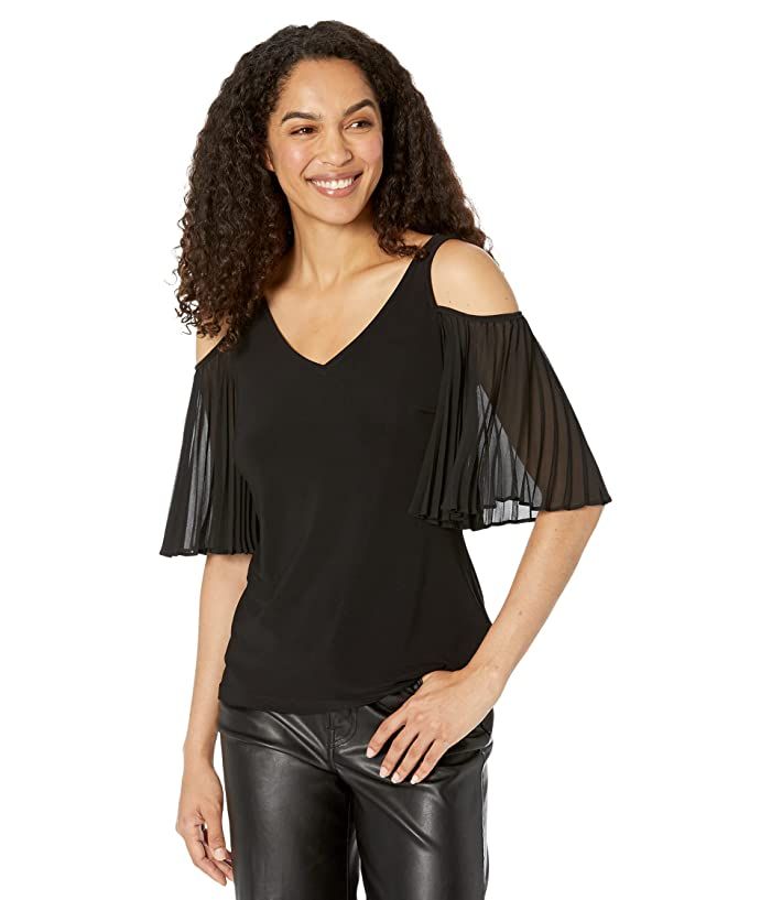 Vince Camuto Women's Top Sz XS Cold-Shoulder Pleated-Sleeve Black