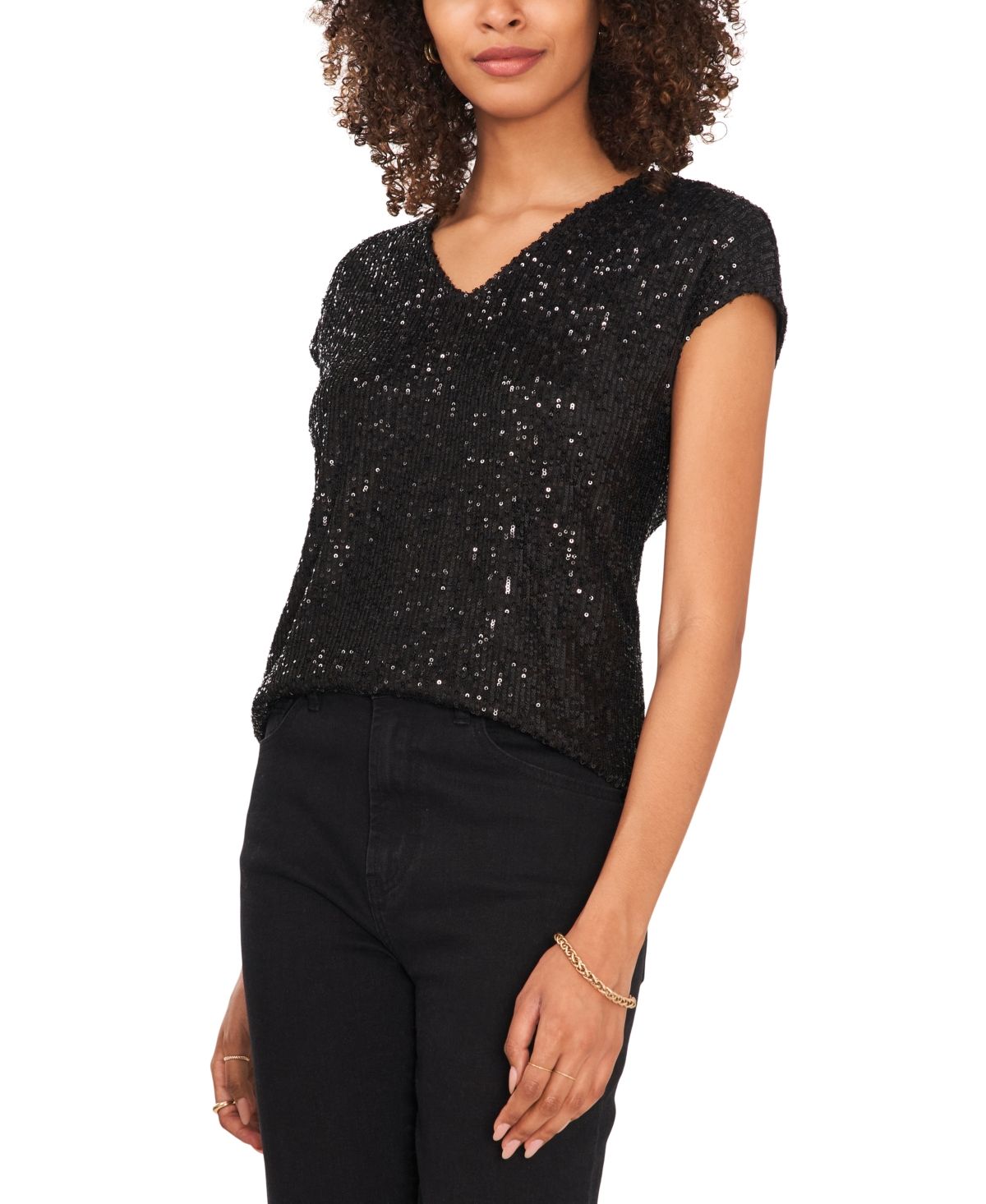 Vince Camuto Women's Top Sz L Sequined Dolman Sleeve V-Neck Blouse Black