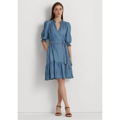 Lauren Ralph Lauren Women's Dress Sz 10 Belted Denim Puff Sleeve Dress Blue