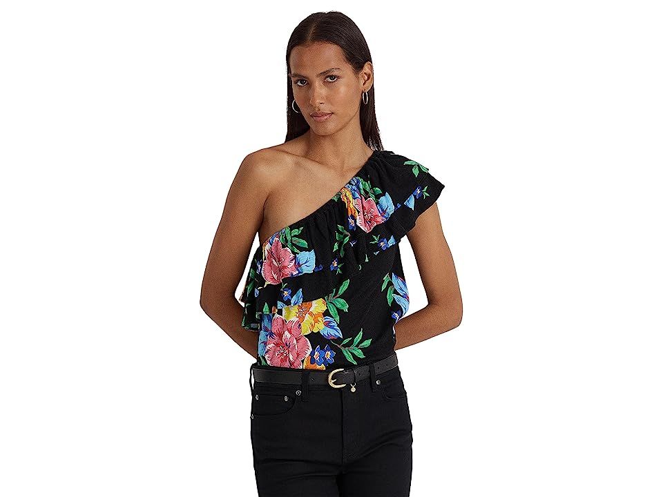 Lauren Ralph Lauren Women's Top Top Sz XL Floral Jersey Shoulder Top  Black