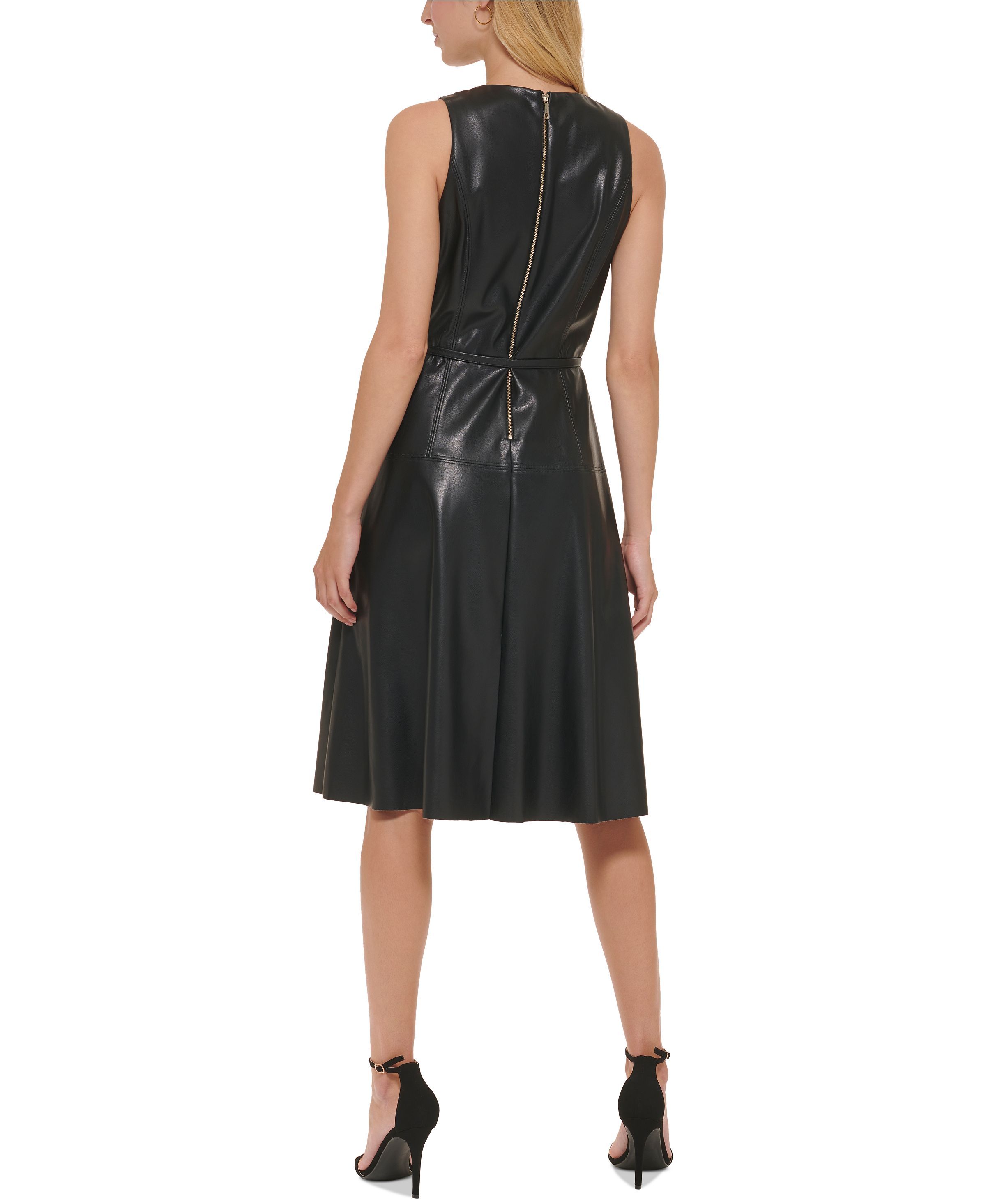Tommy Hilfiger Women's Dress Sz 6 Faux-Leather Tied-Waist Black