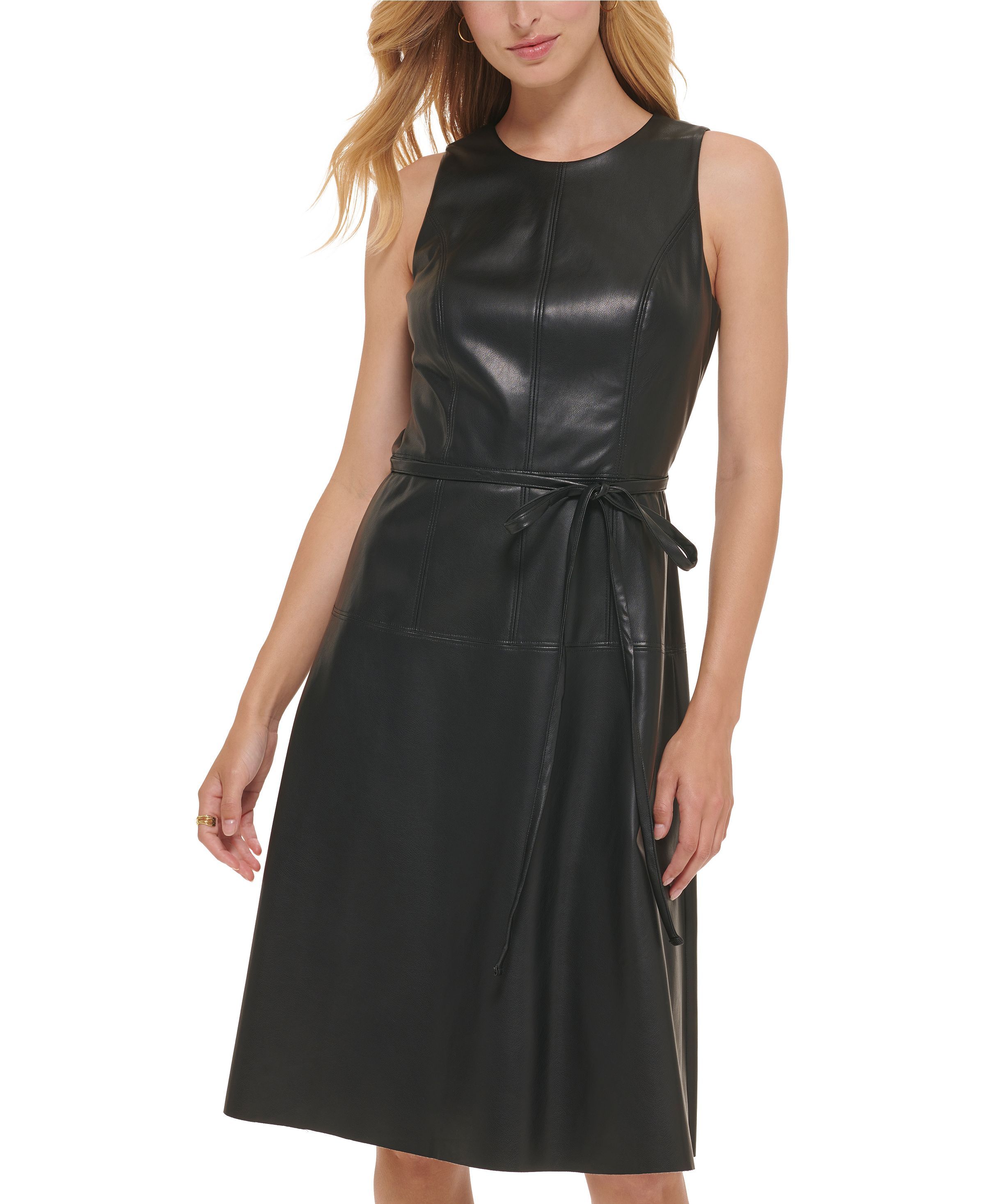 Tommy Hilfiger Women's Dress Sz 6 Faux-Leather Tied-Waist Black
