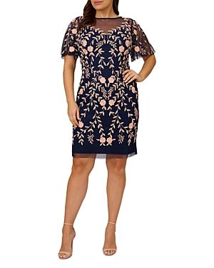 Adrianna Papell Women's Plus Sz Dress 14W Floral Beaded Sheer Flutter Blue