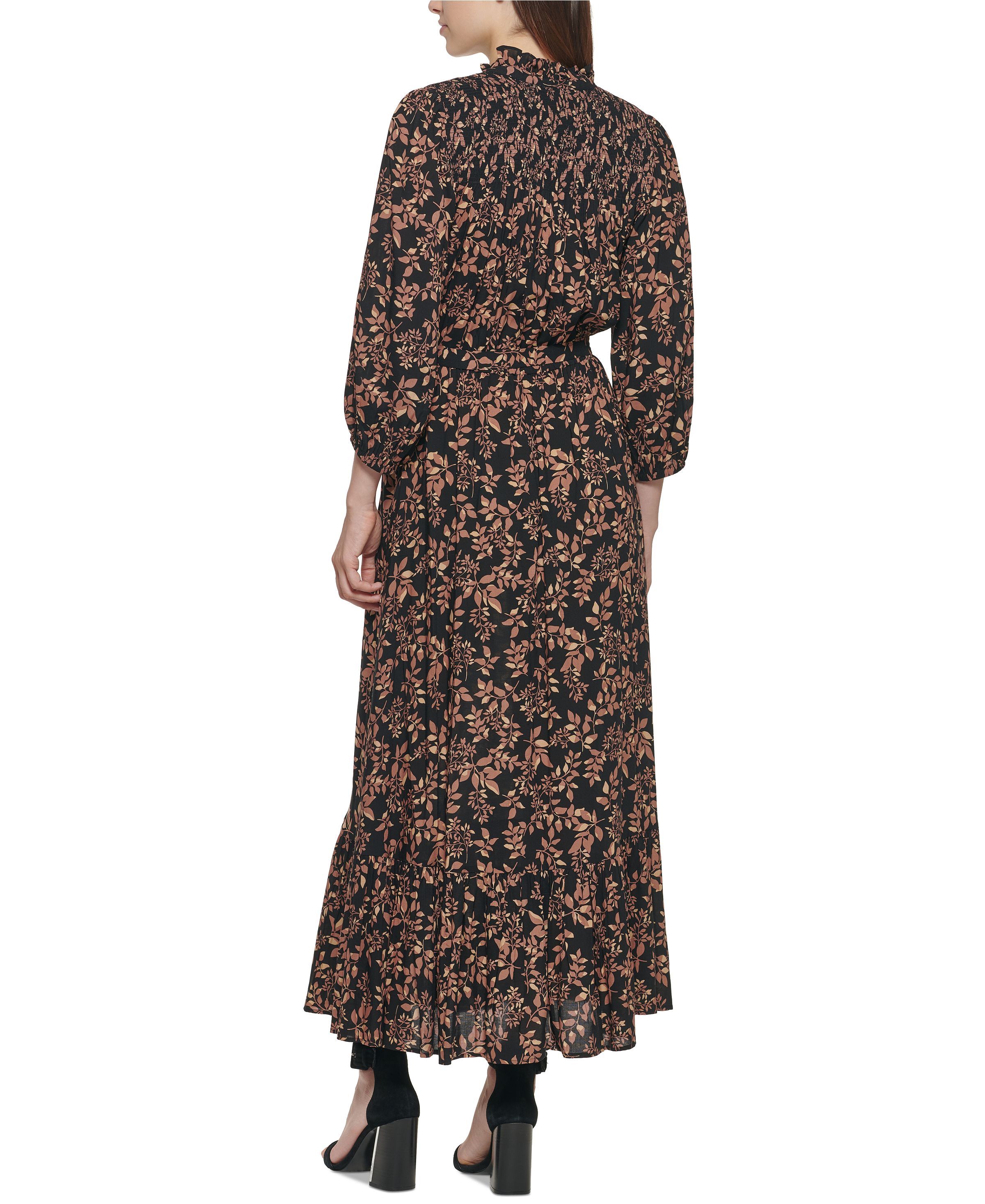 Calvin Klein Women's Dress Sz 10 Tie-Neck Smocked-Yoke Maxi Black